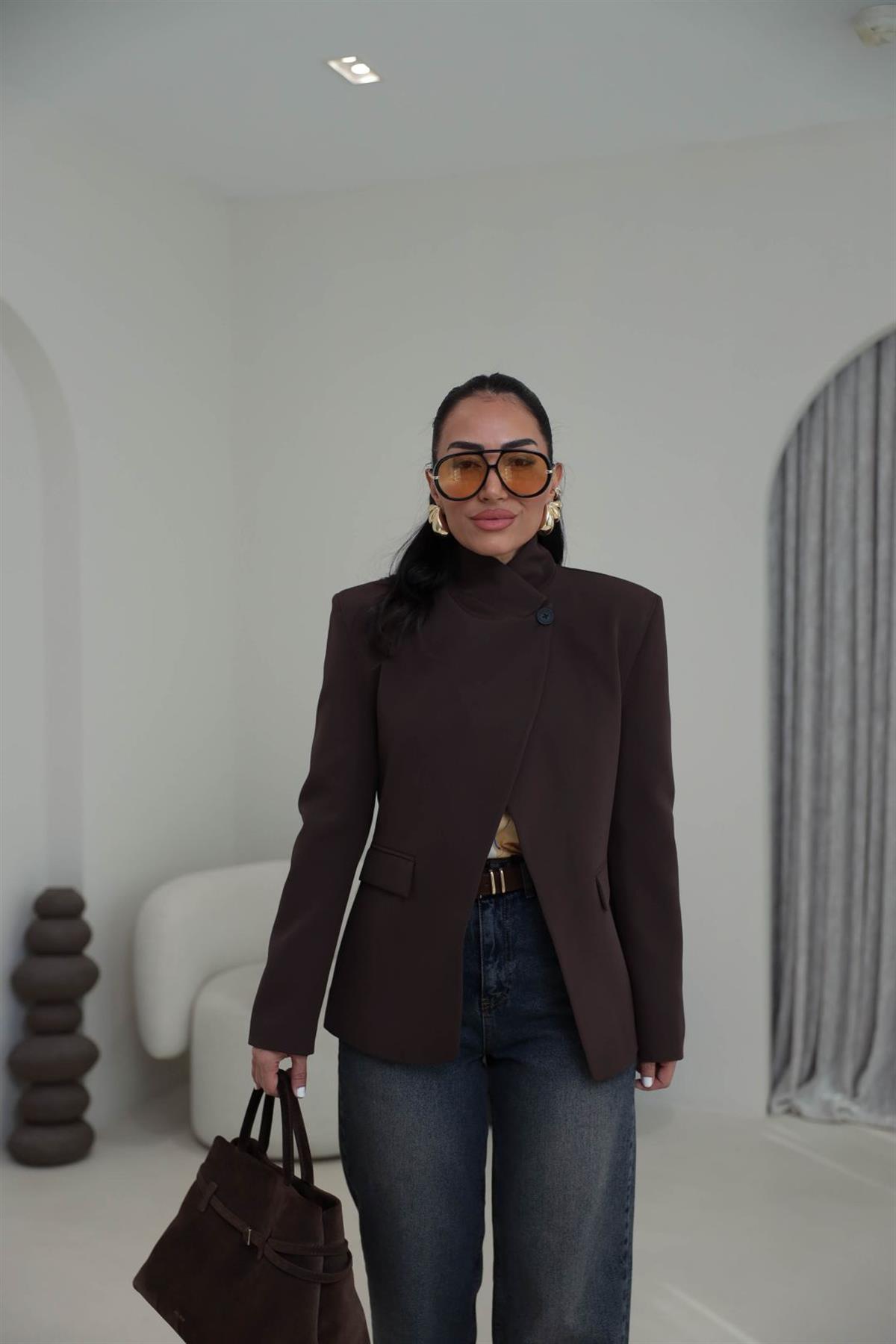 2330 Dik Yaka Düğmeli Blazer Ceket KAHVE