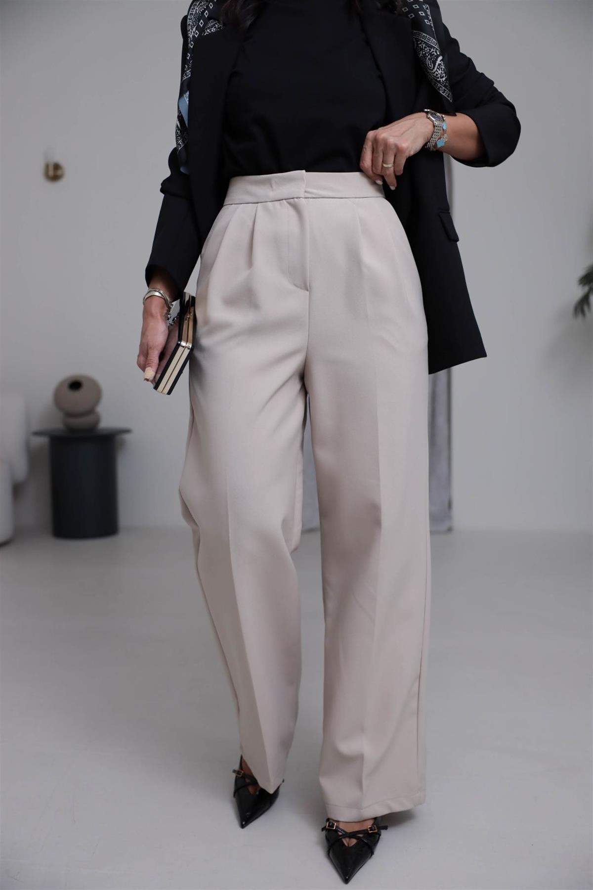 3869 Çift Pilili Kumaş Pantolon TAŞ