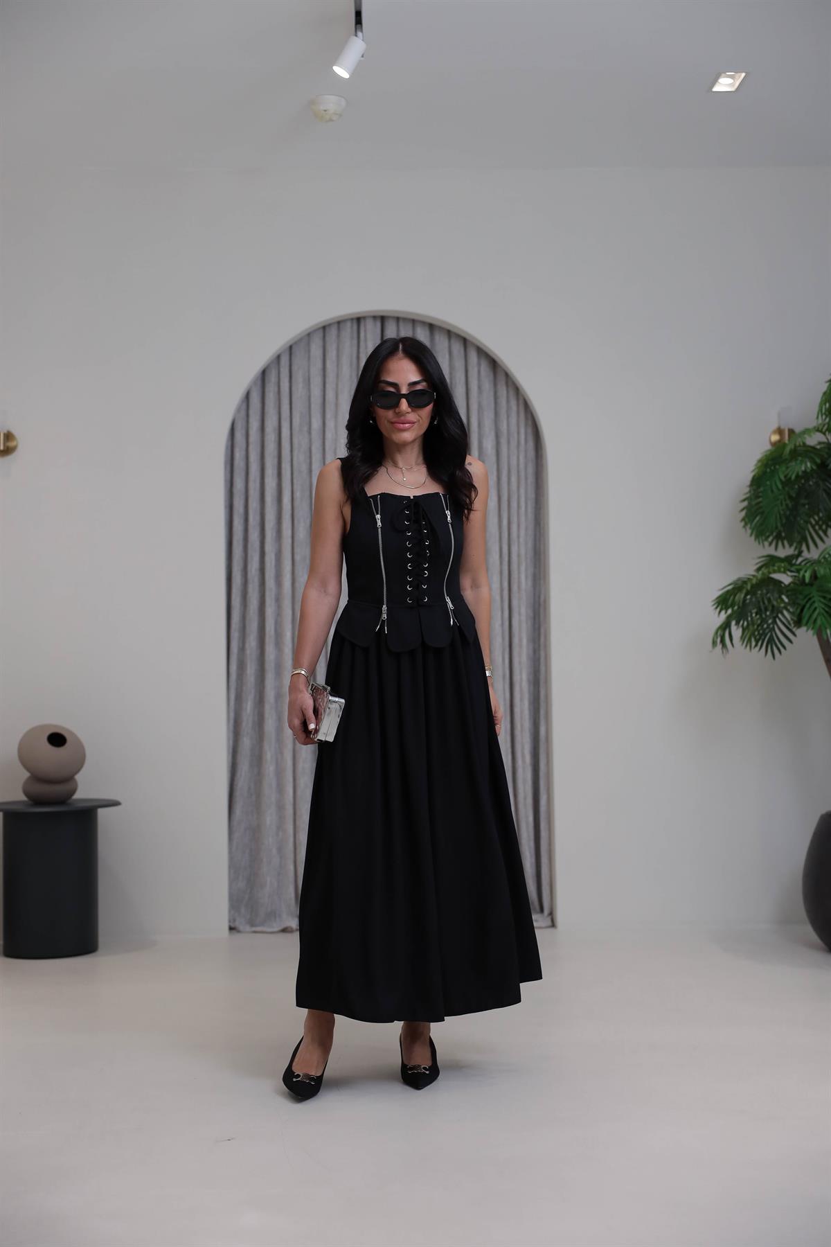 7150 Önü Fermuarlı Askılı Korsajlı Elbise SİYAH