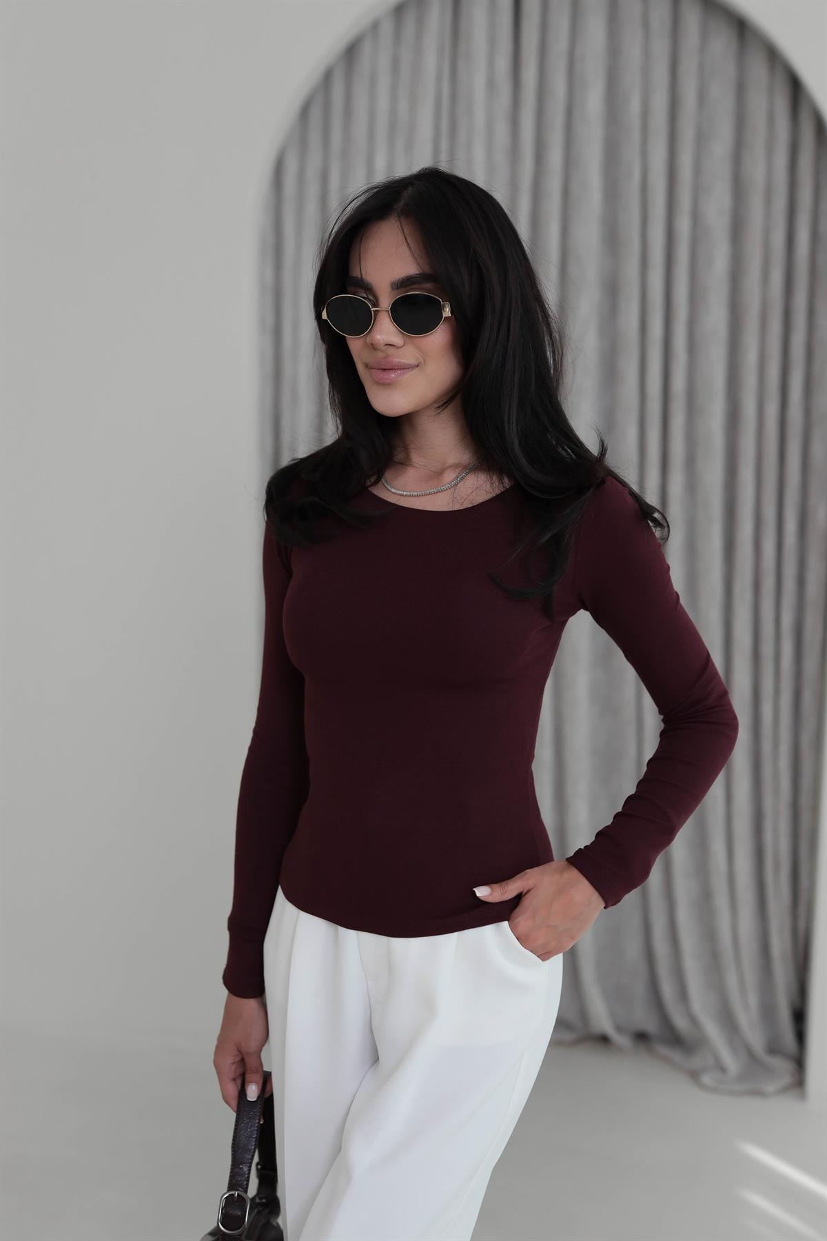 1332 Kayık Yaka Uzun Kollu Bluz BORDO
