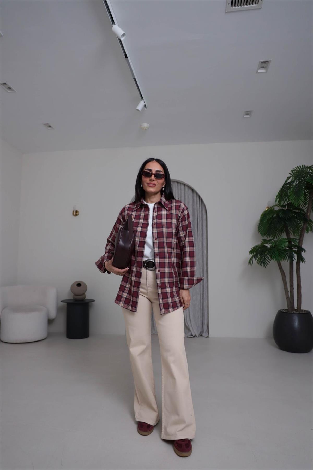 7124 Ekose Desen Pamuklu Oversize Gömlek BORDO