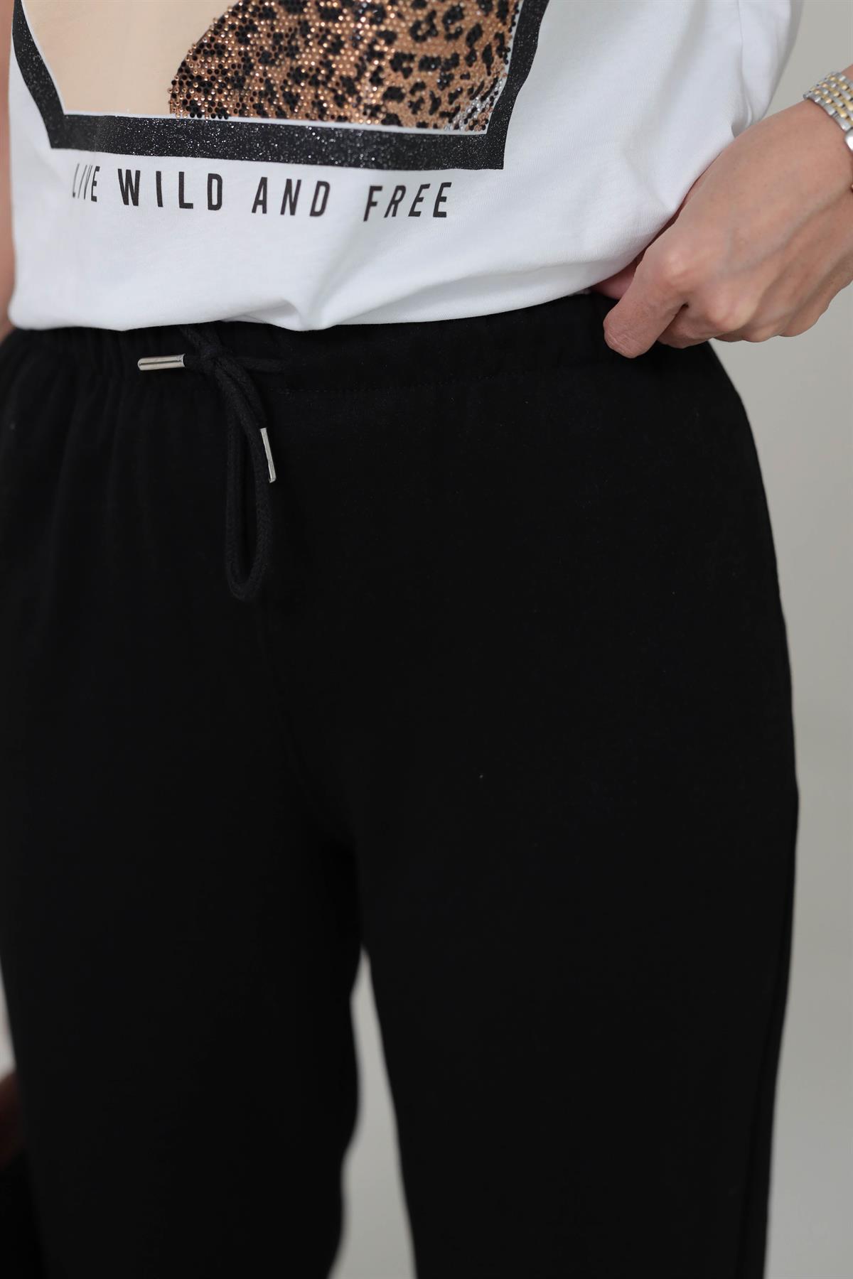 Beli Lastikli Yumuşak Doku Şardonlu Eşofman Altı SİYAH