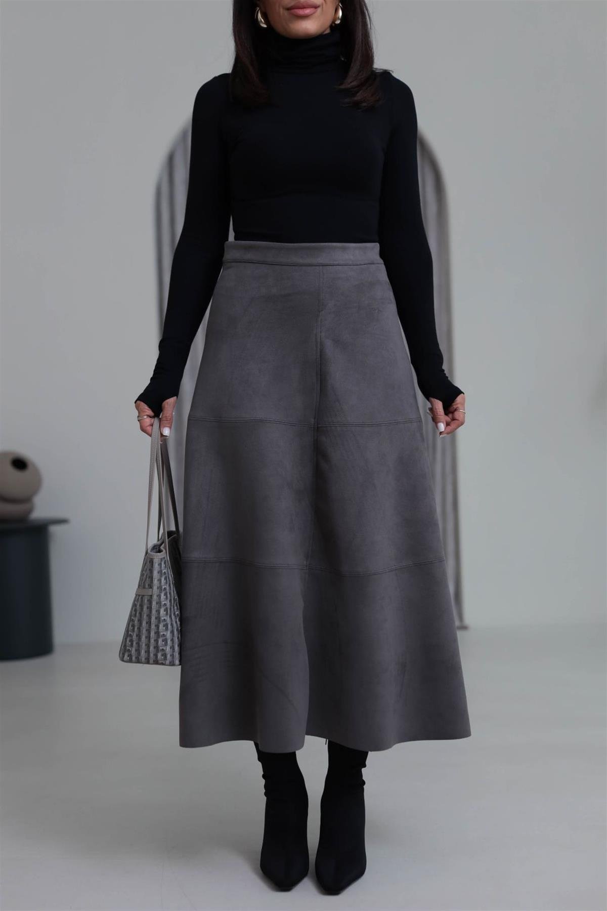 7547 Midi Boy Yüksek Bel Süet Etek GRİ