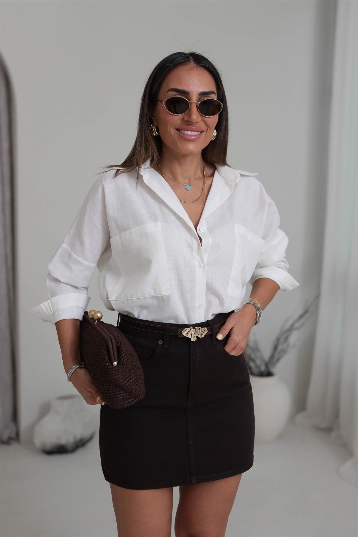 8057 Cep Detaylı Pamuklu Gömlek EKRU