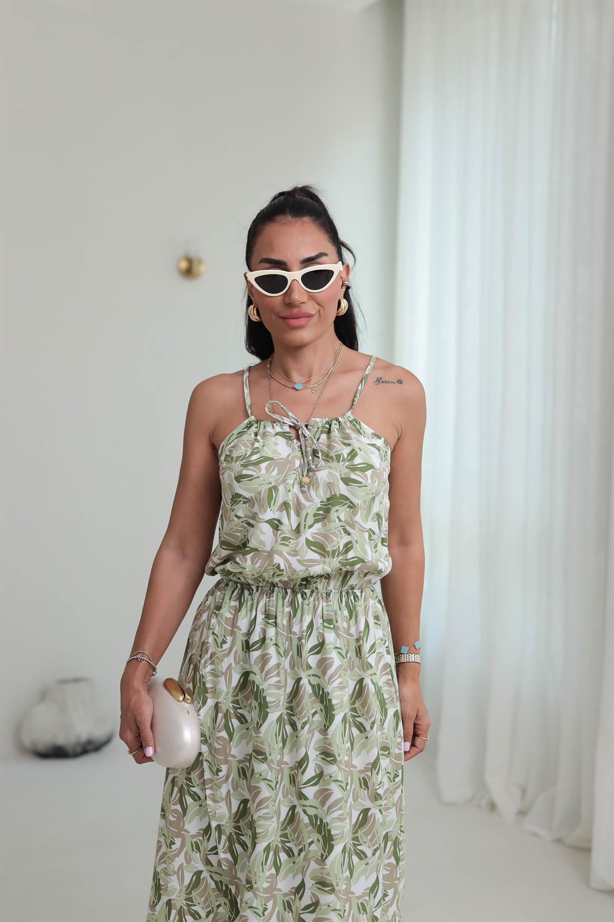 7298 Boncuk Detay Bağlamalı Bel Lastikli Elbise YEŞİL