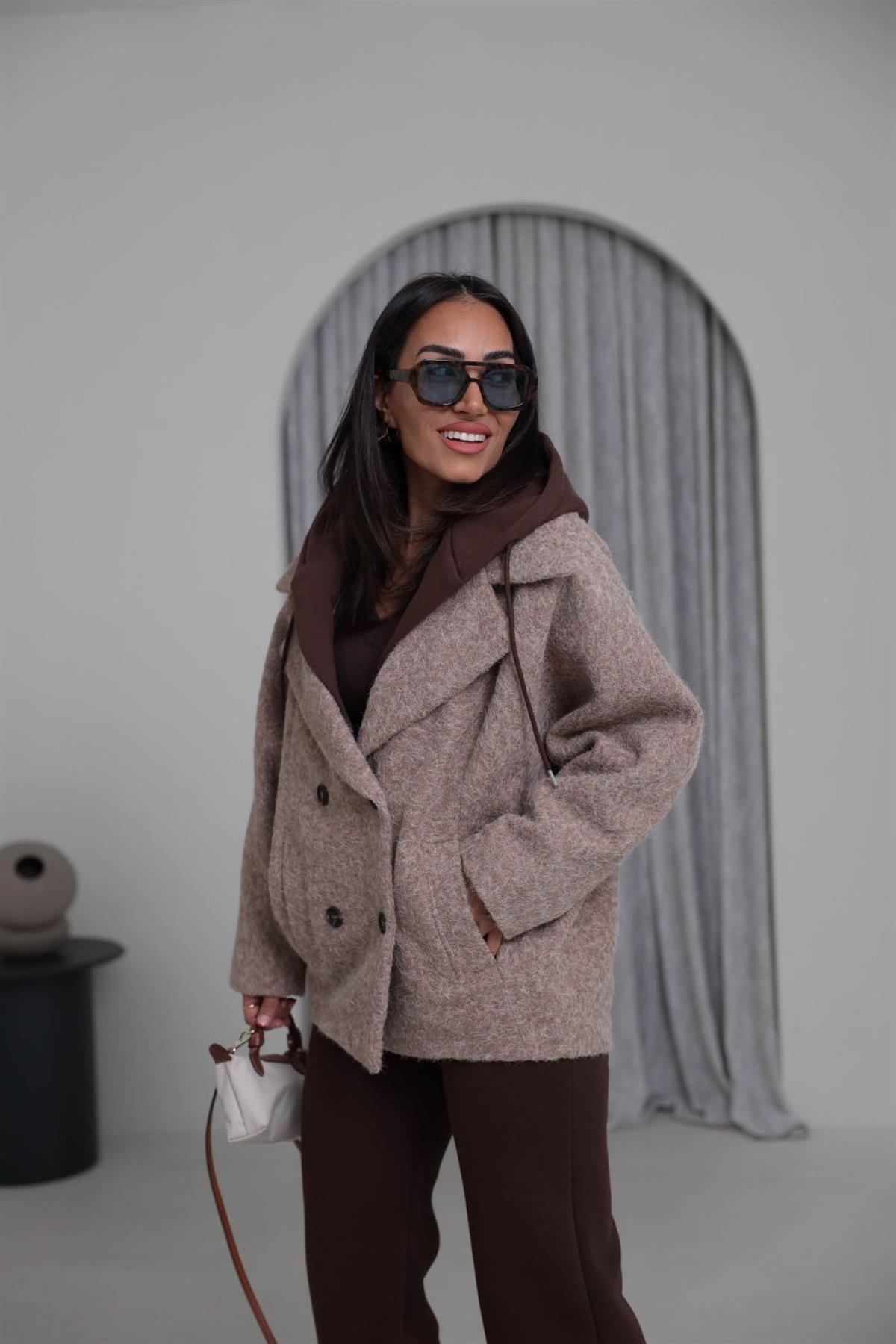 9690 Kapşon Detaylı Buklet Kaban VİZON-KAHVE