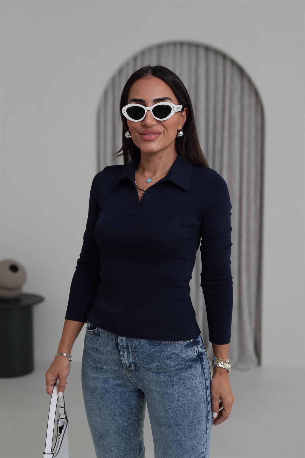 0626 Polo Yaka Uzun Kol Likralı Bluz LACİVERT