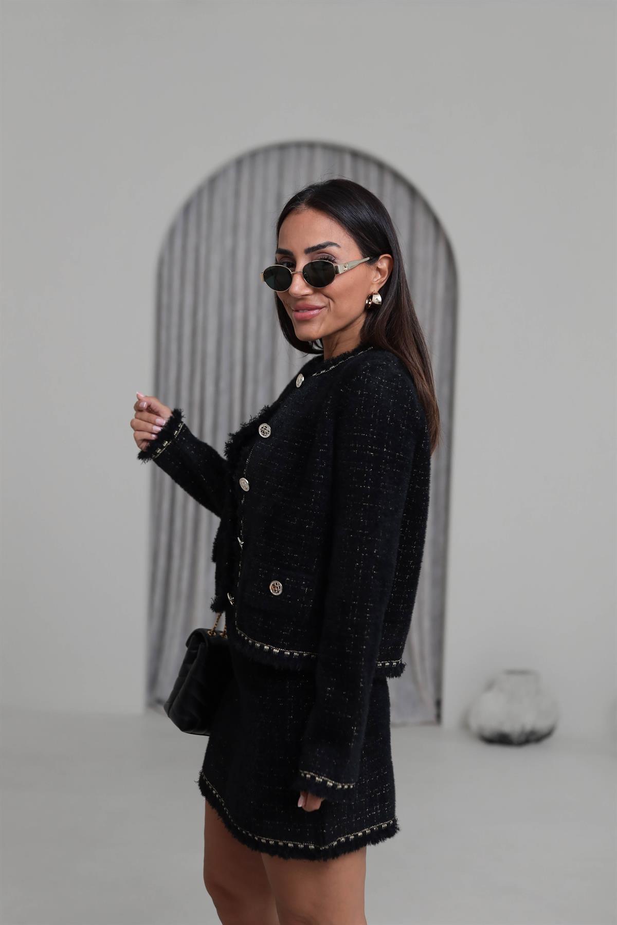 0419 Püskül ve Sim Detaylı Angora Ceket SİYAH