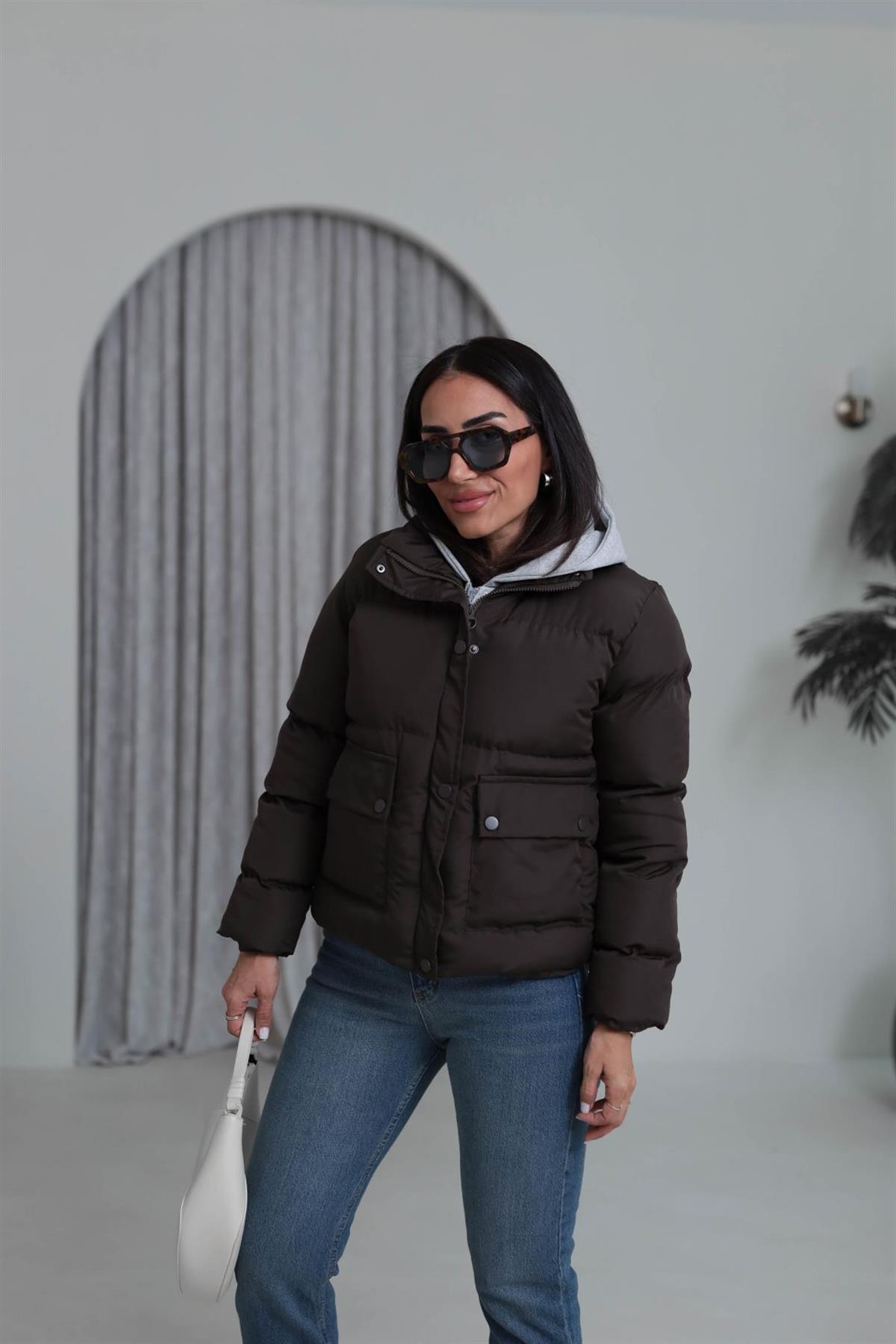 2148 Kapşonlu Şişme Mont ACI KAHVE