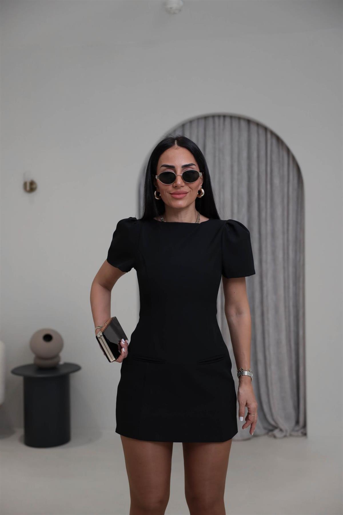 0789 Balon Kol Cep Detaylı Mini Elbise SİYAH