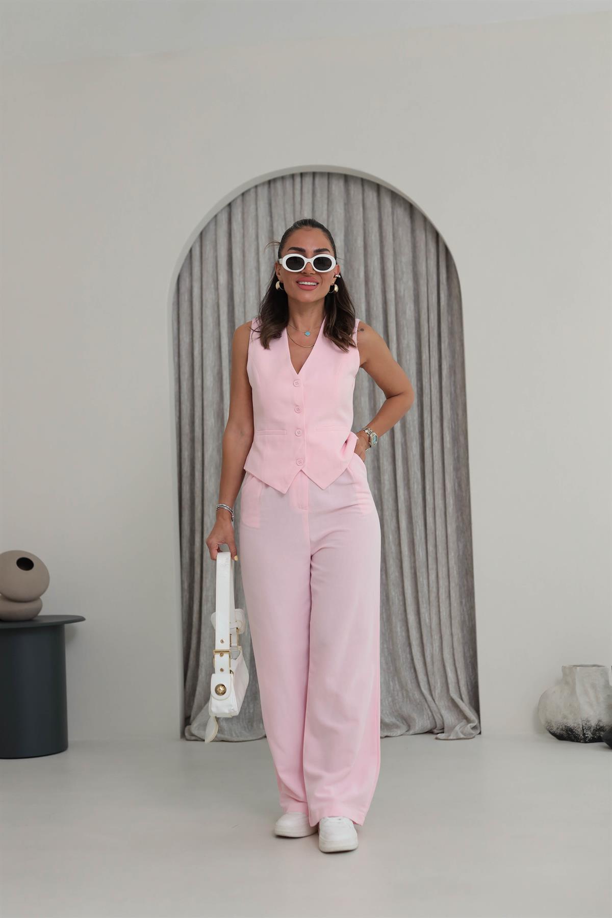 9257 Keten Yelek Pantolon Takım PEMBE