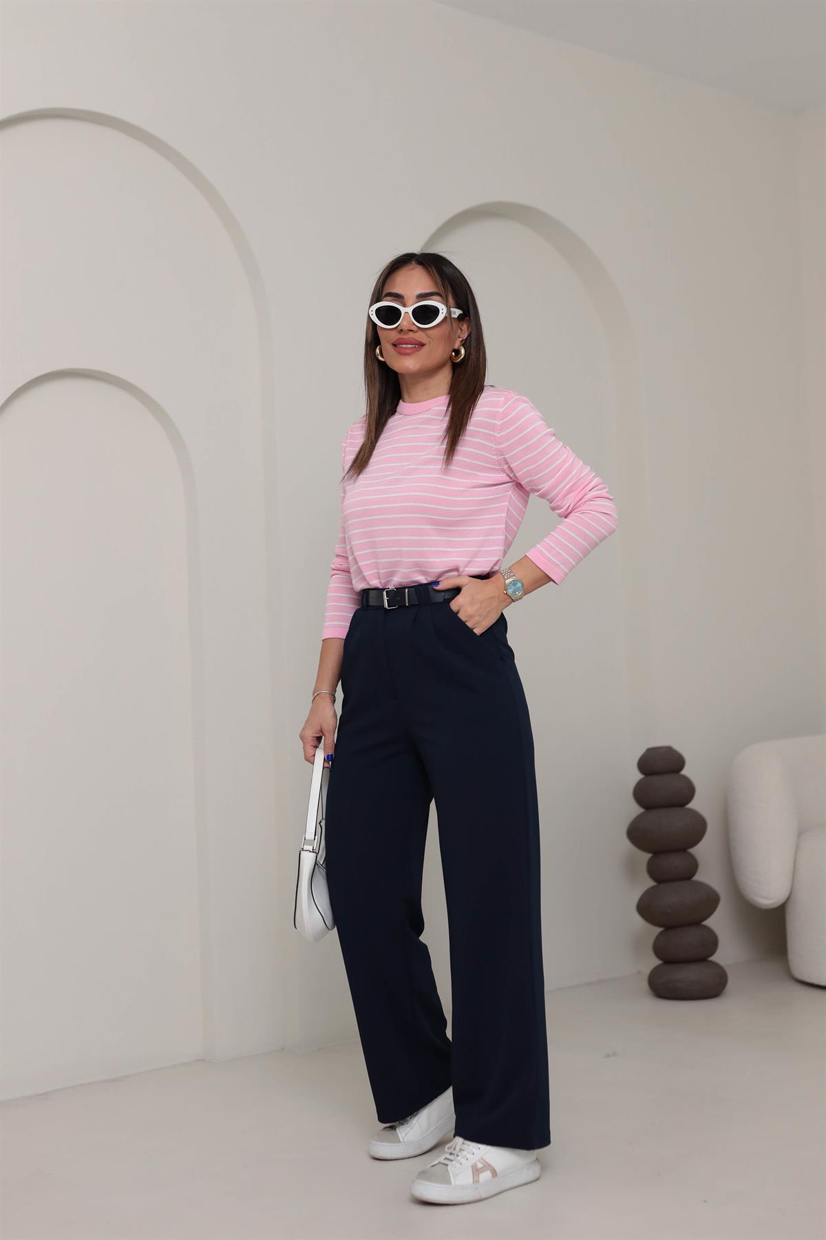 3851 Çift Pile Detaylı Kemerli Palazzo Pantolon LACİVERT