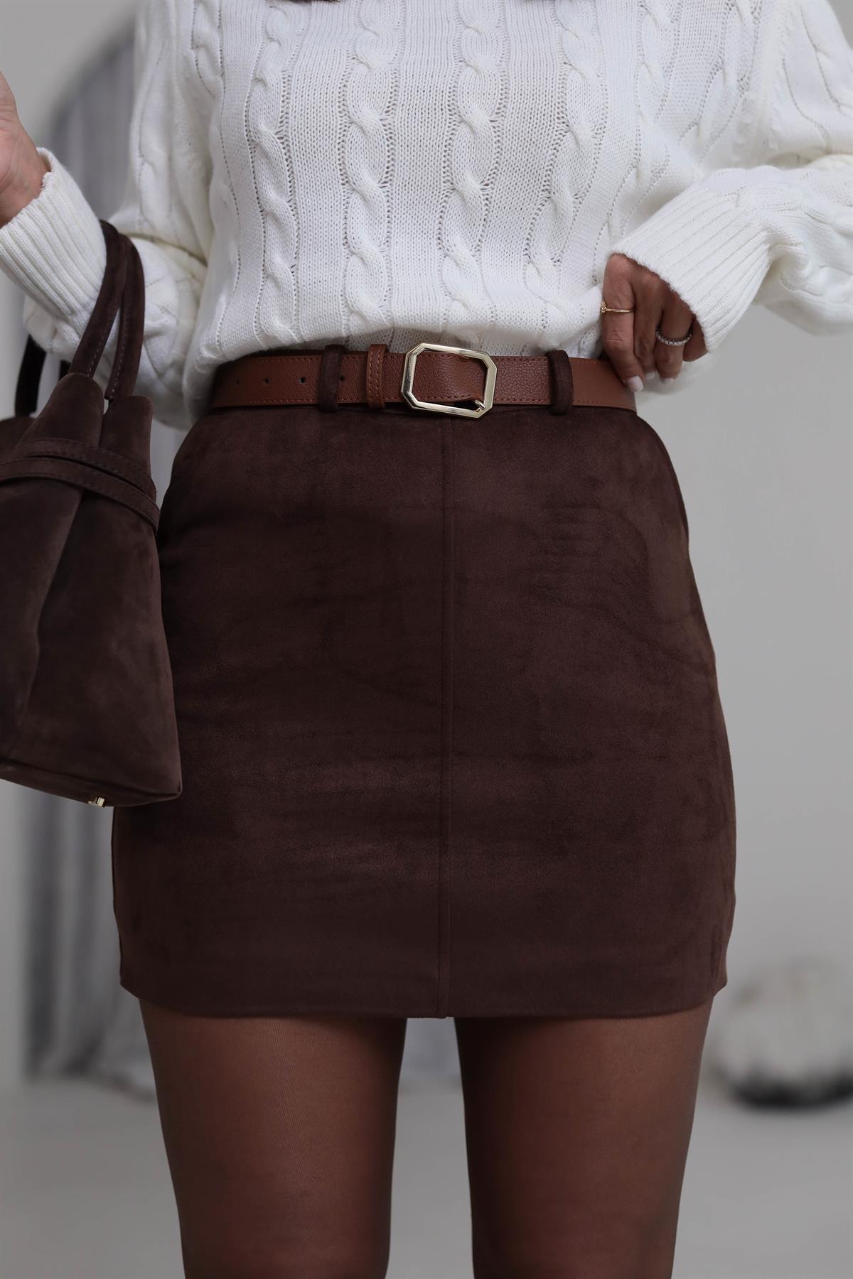 0093 Kemerli Mini Süet Etek ACI KAHVE