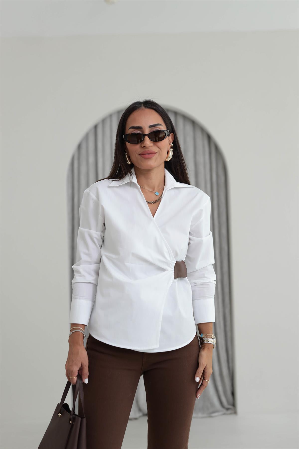 7584 Deri Detaylı Poplin Gömlek BEYAZ