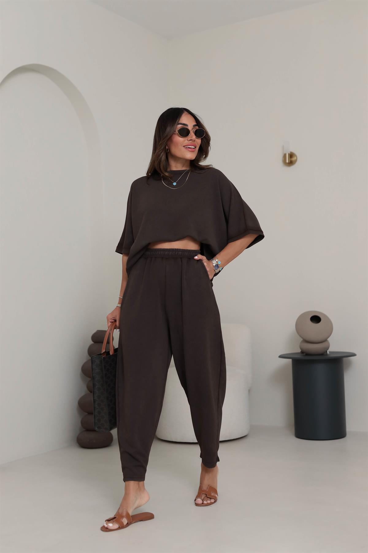 8559 Modal Kumaş Dökümlü Takım KAHVE