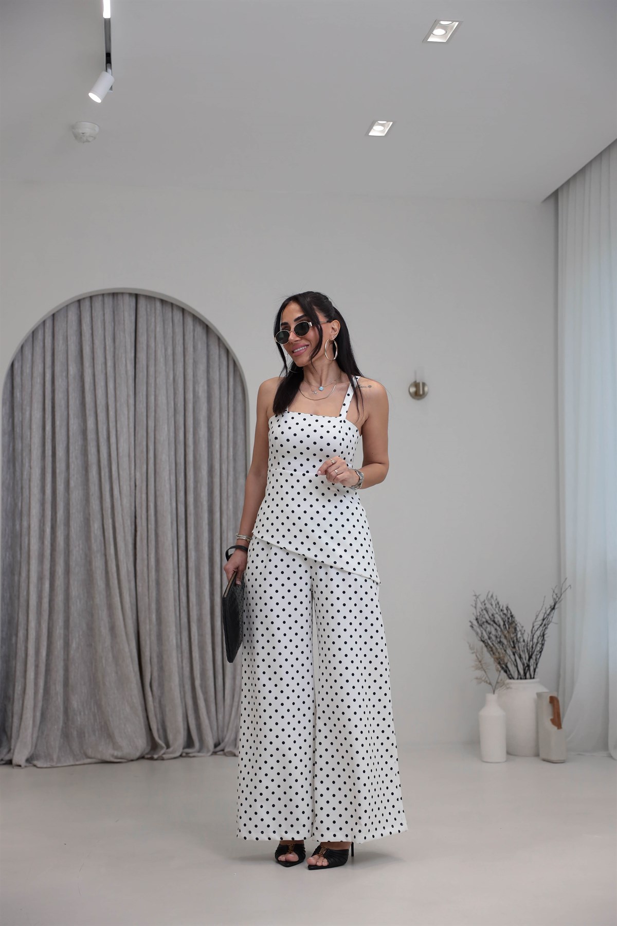 4161 Puantiyeli Askılı Bluz Pantolon Takım EKRU