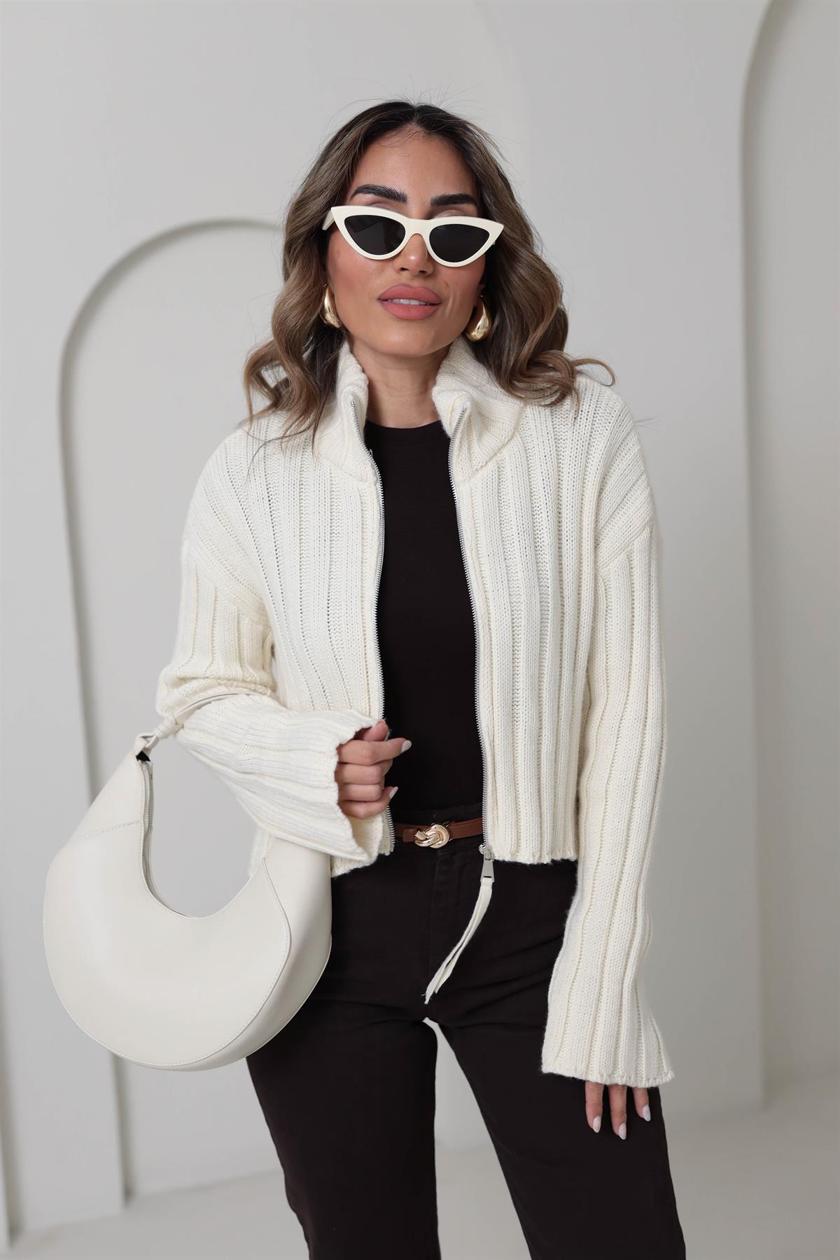 4370 Fitilli Ve Fermuarlı Hırka KREM