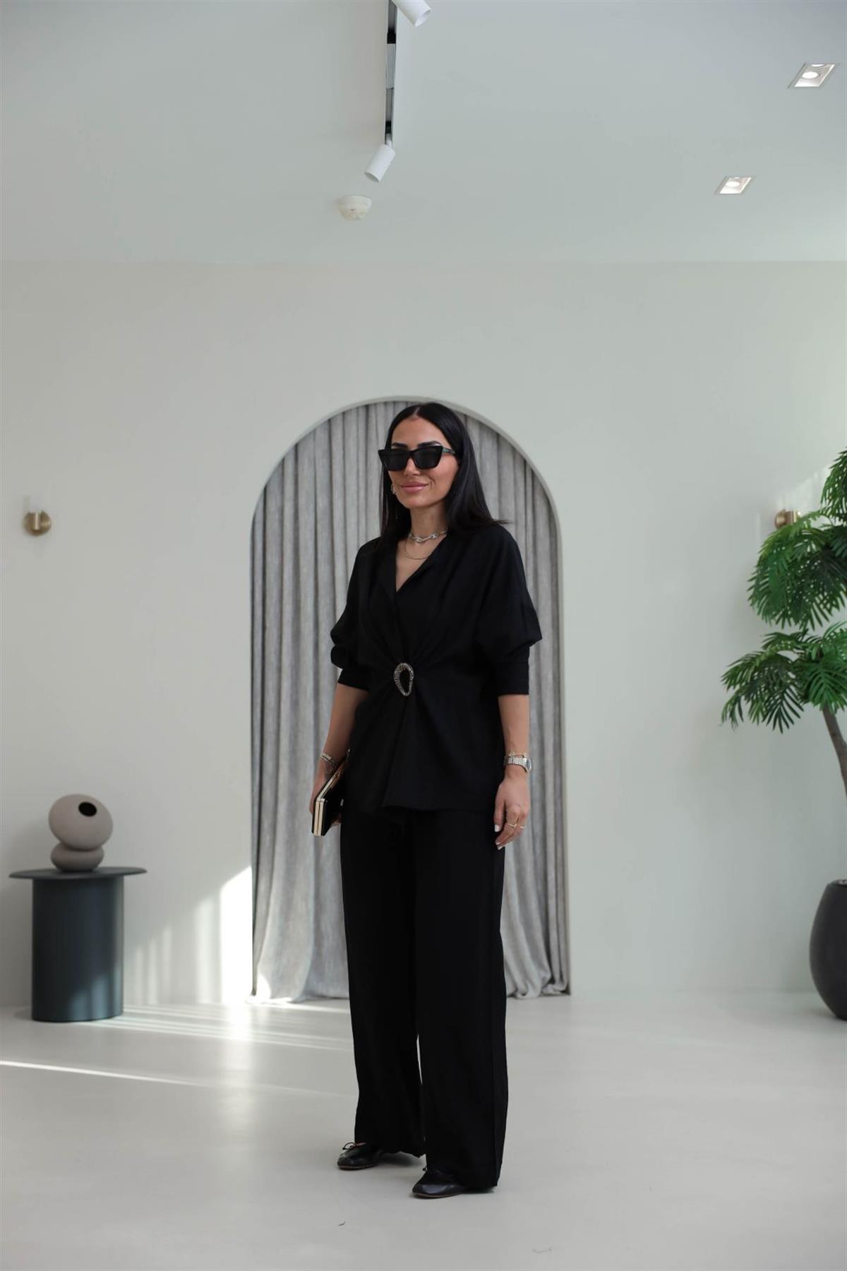 7091 Broş Detaylı Gömlek Pantolon Takım SİYAH