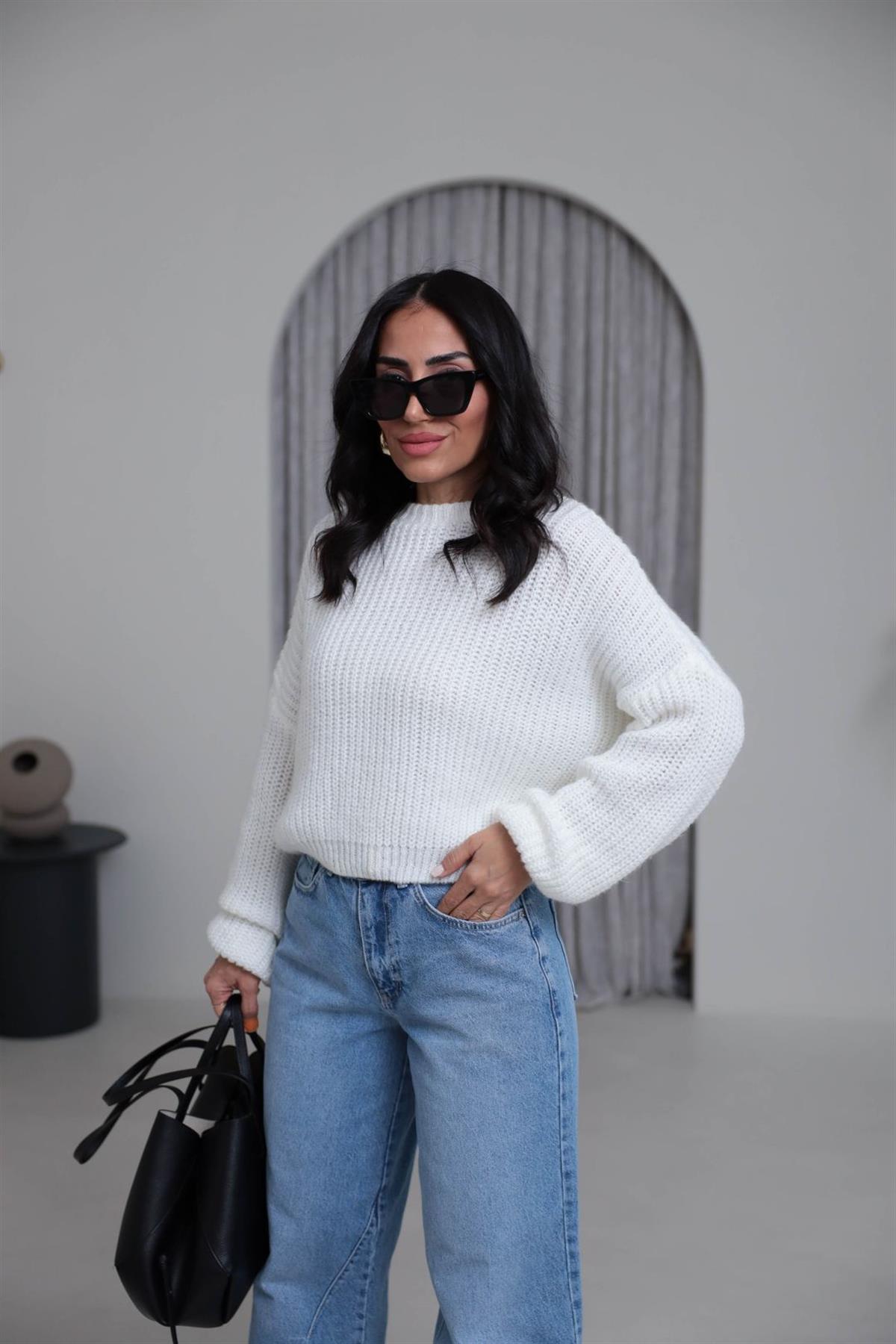 3579 Bisiklet Yaka Örme Oversize Kısa Kazak EKRU