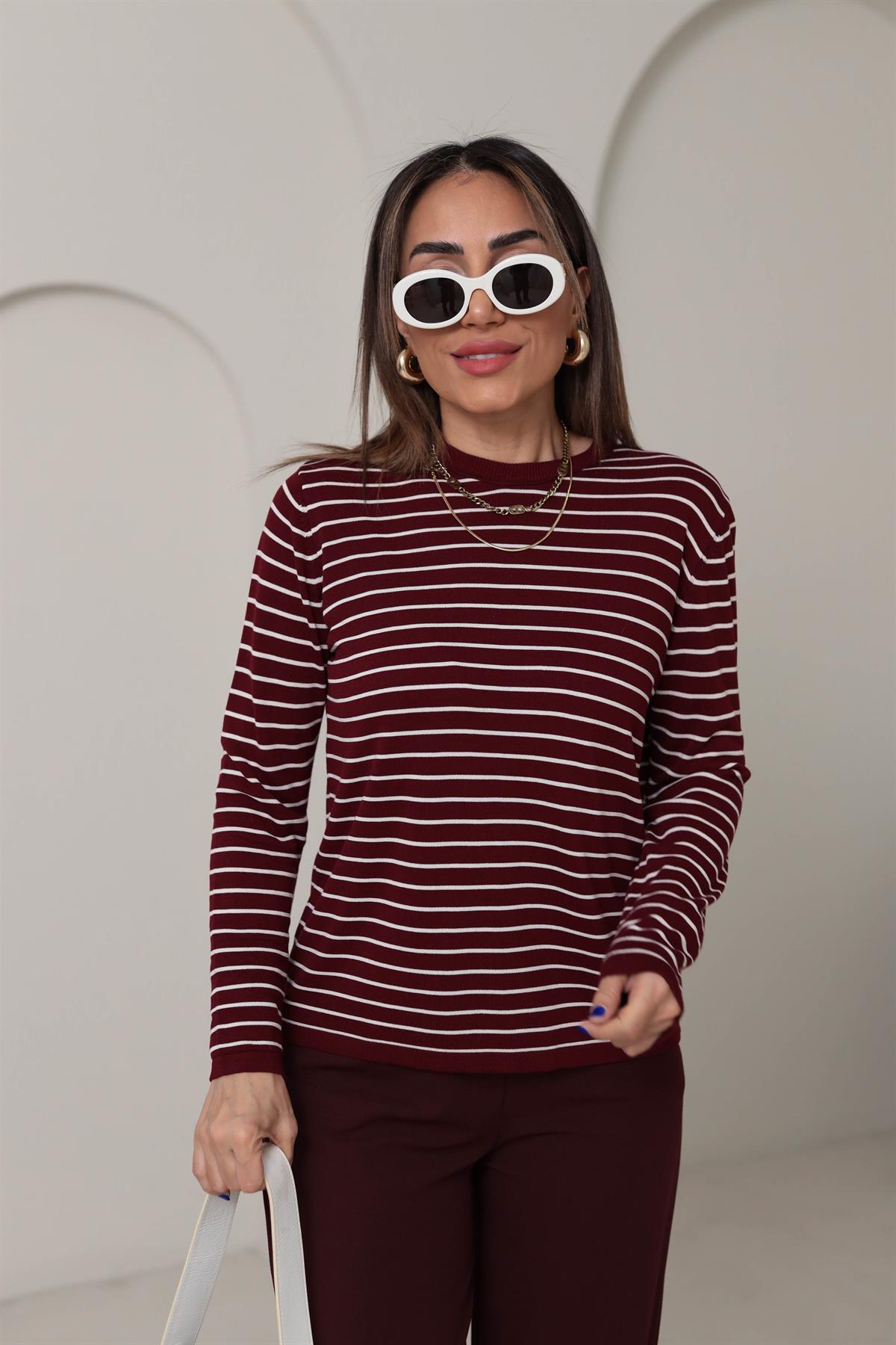 Çizgili Bisiklet Yaka Merzerize Triko BORDO