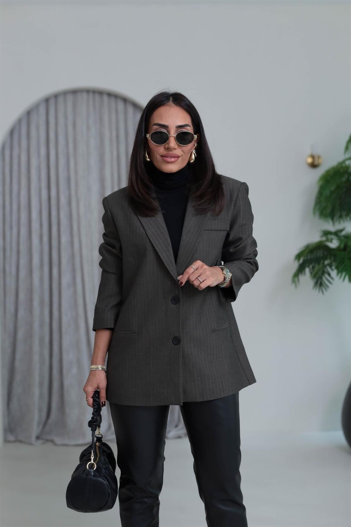 7255 Çift Düğmeli Balıksırtı Desenli Blazer Ceket KAHVE