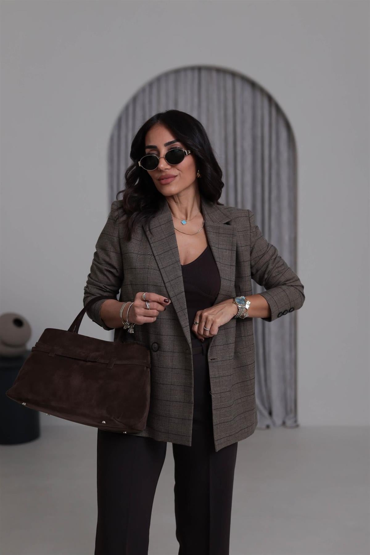 5174-K Düğme Detaylı Desenli Ceket VİZON