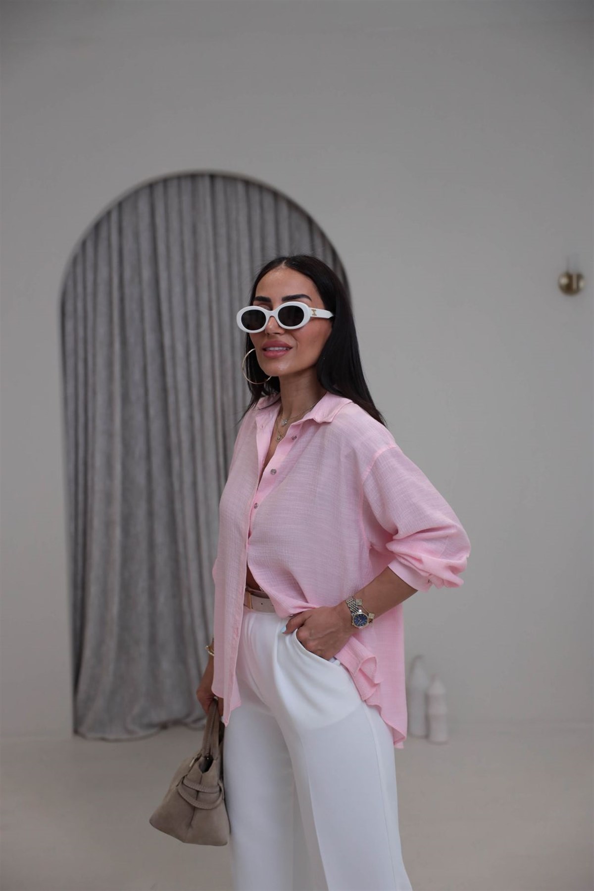 3840 Uzun Kol Dokuma Kumaş Oversize Gömlek ŞEKER PEMBE