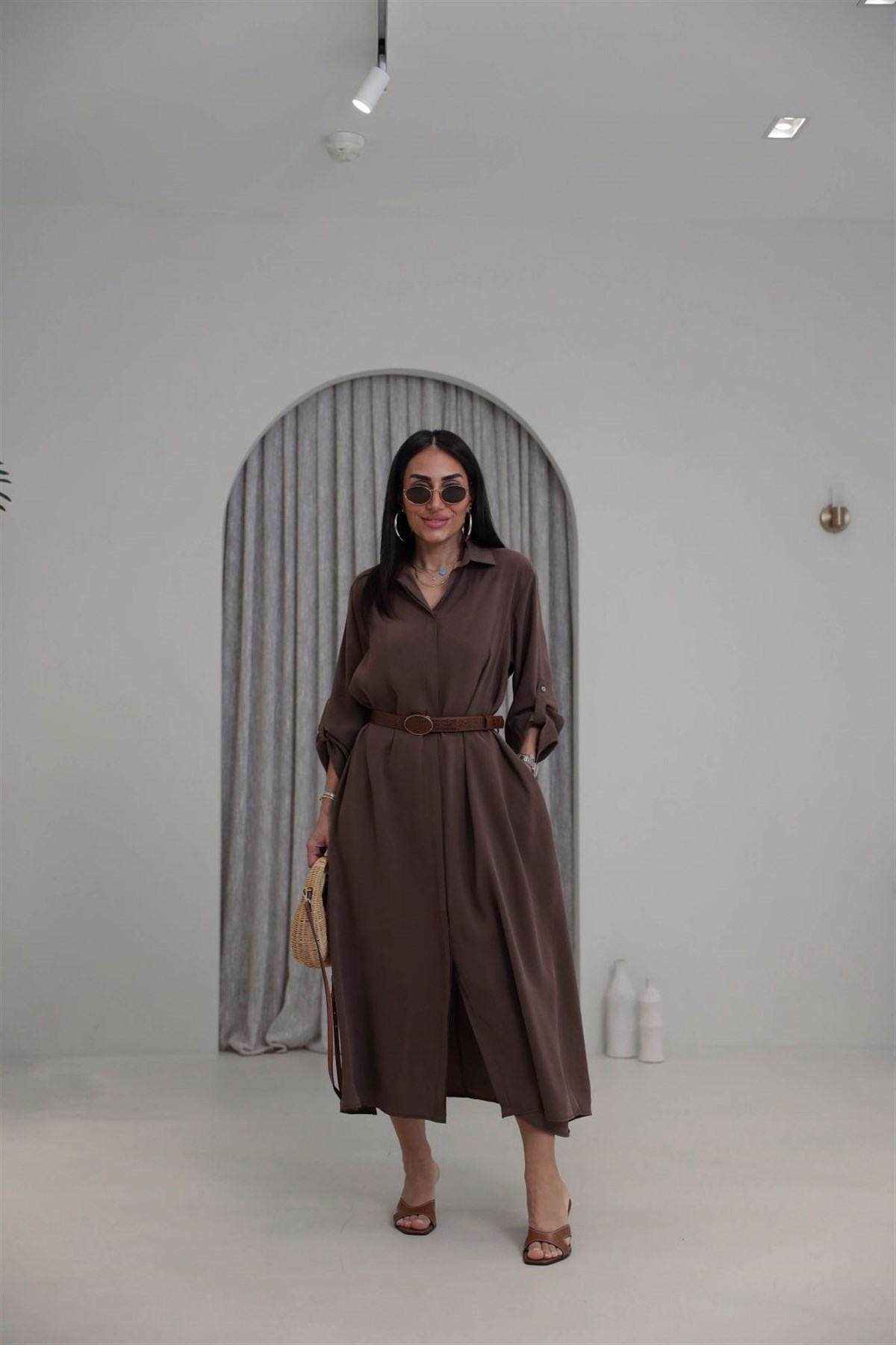 3270 Kemer Detaylı Tencel Kumaş Gömlek Elbise KAHVE