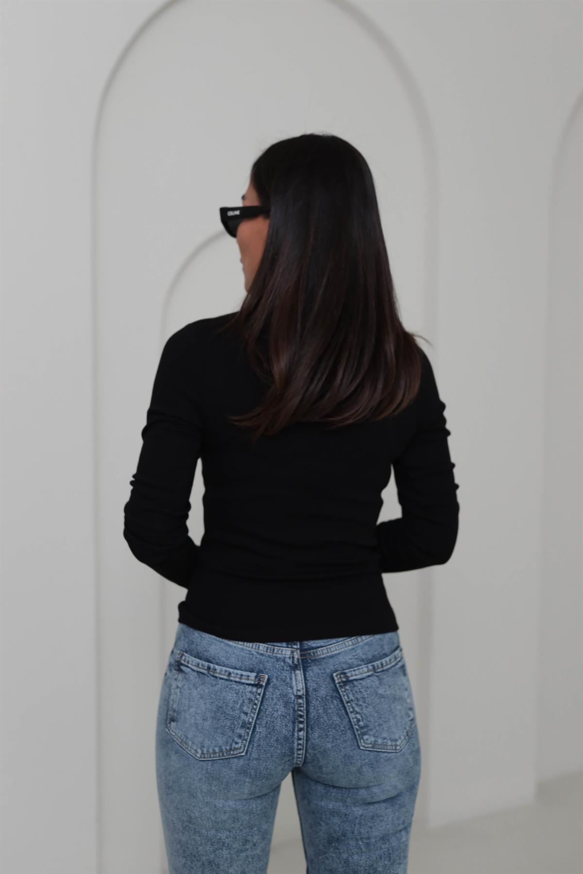 0626 Polo Yaka Uzun Kol Likralı Bluz SİYAH