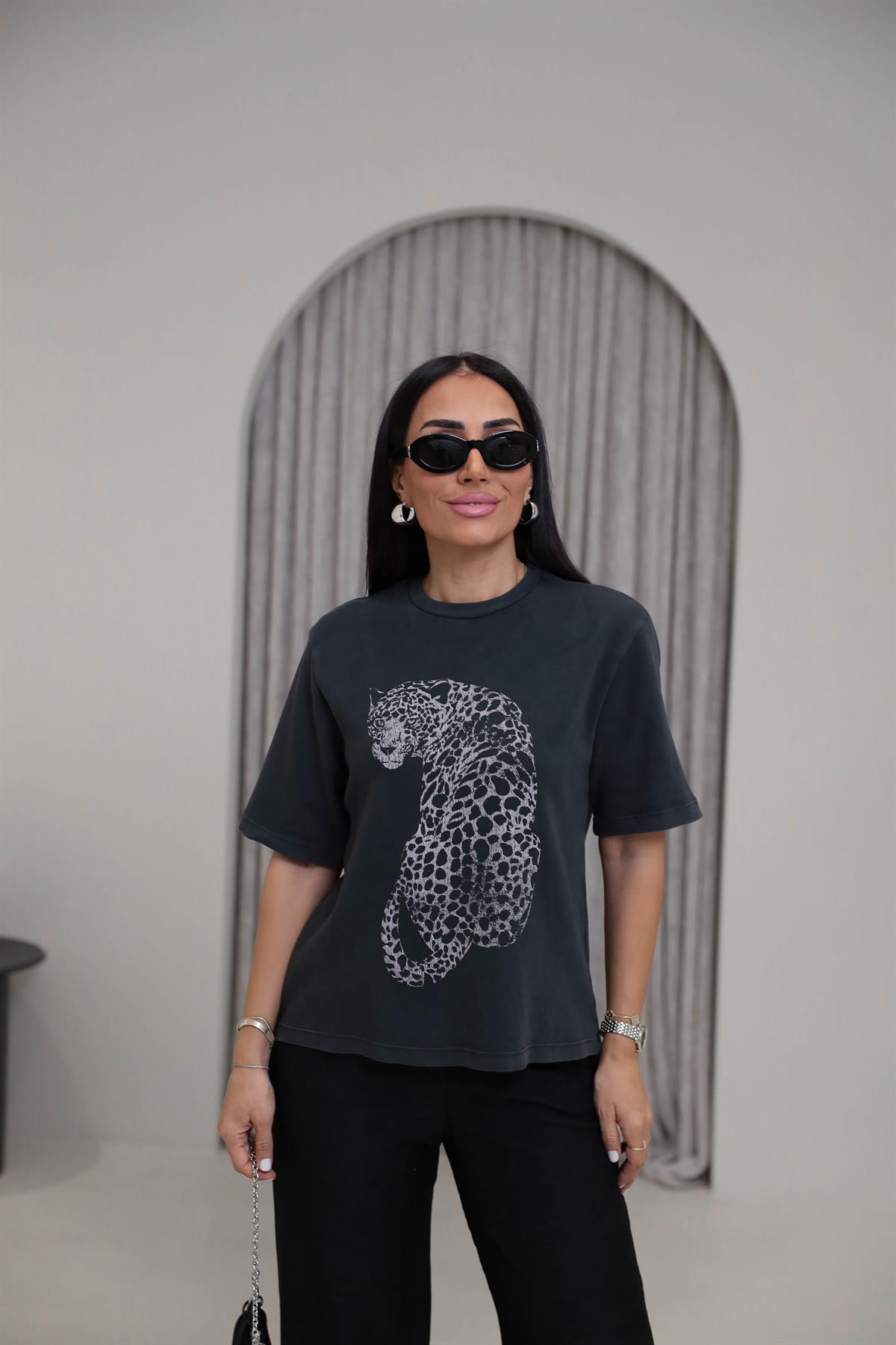 8111 Kaplan Baskılı Pamuklu Yıkamalı Tshirt ANTRASİT