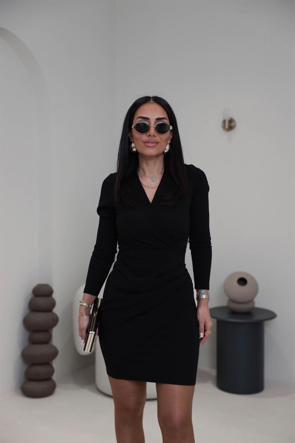 3037 Kruvaze Drapeli Crep Elbise SİYAH