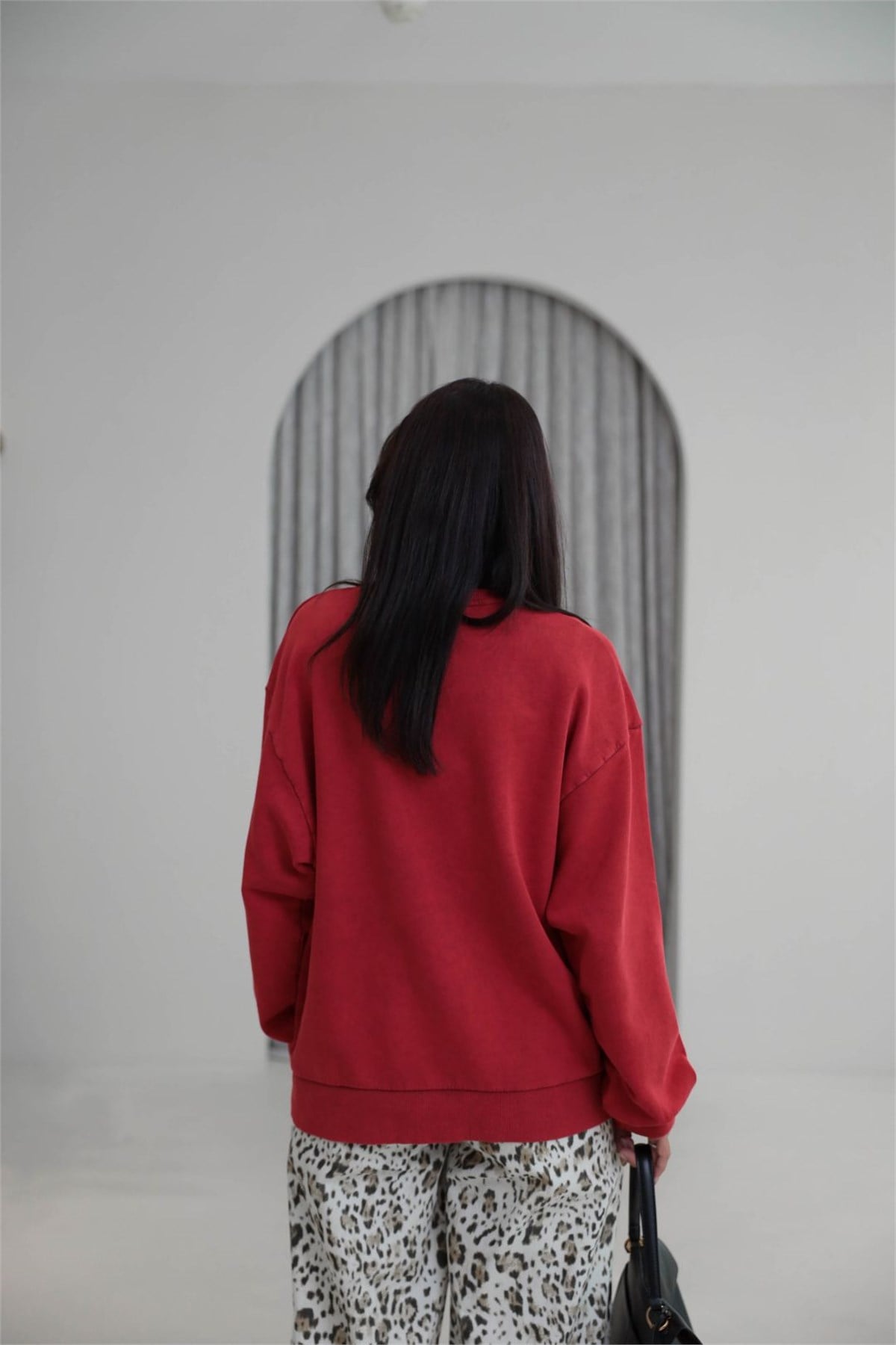 9106 Kaplan Baskılı Ribanalı İki İplik Sweatshirt KIRMIZI