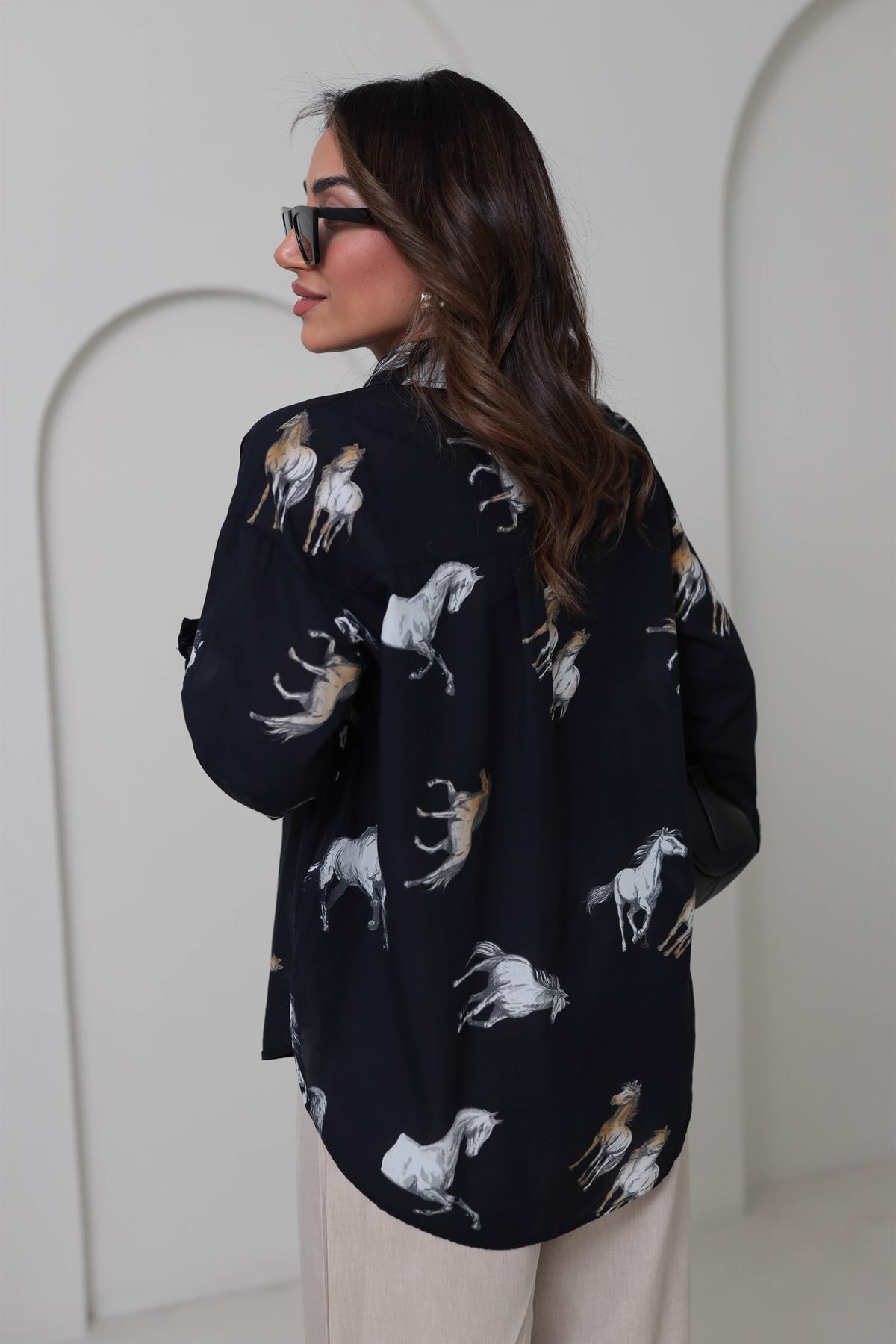 4651 At Figürlü Pamuklu Gömlek SİYAH