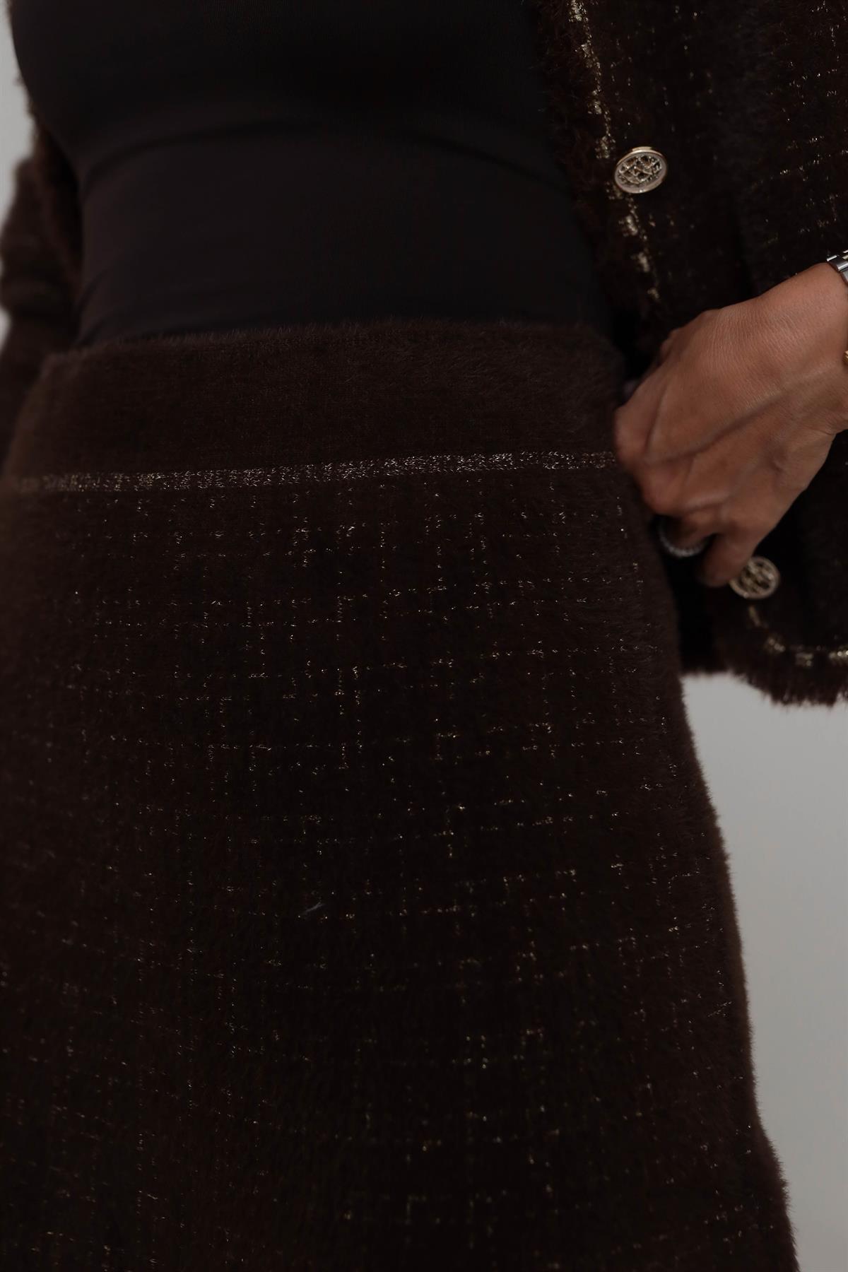 0420 Püskül ve Sim Detaylı Angora Etek ACI KAHVE