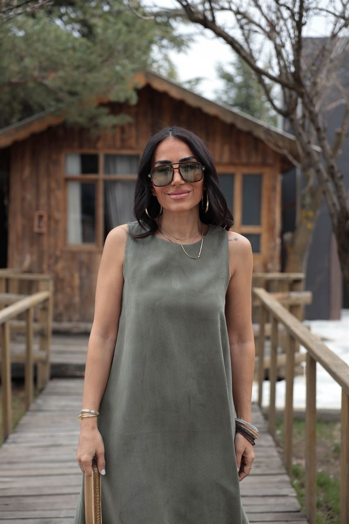 5007 Sıfır Kol Tencel Uzun Elbise HAKİ YEŞİL