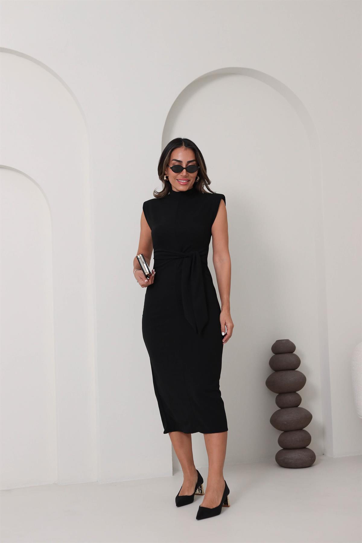 3582 Omuzları Vatkalı Bel Kuşaklı Elbise