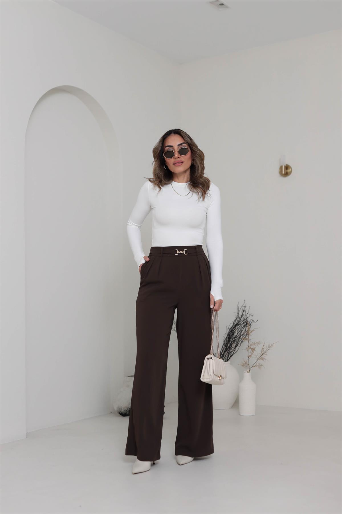 3704 Gold Aksesuarlı Bel Lastikli Salaş Pantolon KAHVE