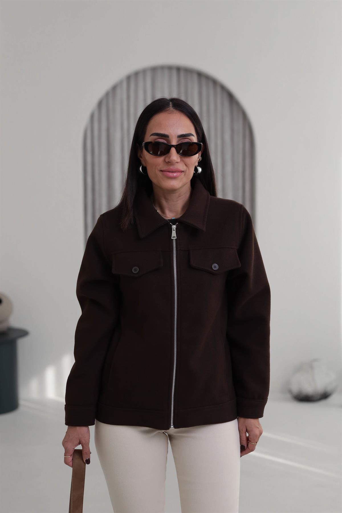 2806 Gömlek Yaka Detay Kaşe Ceket KAHVE