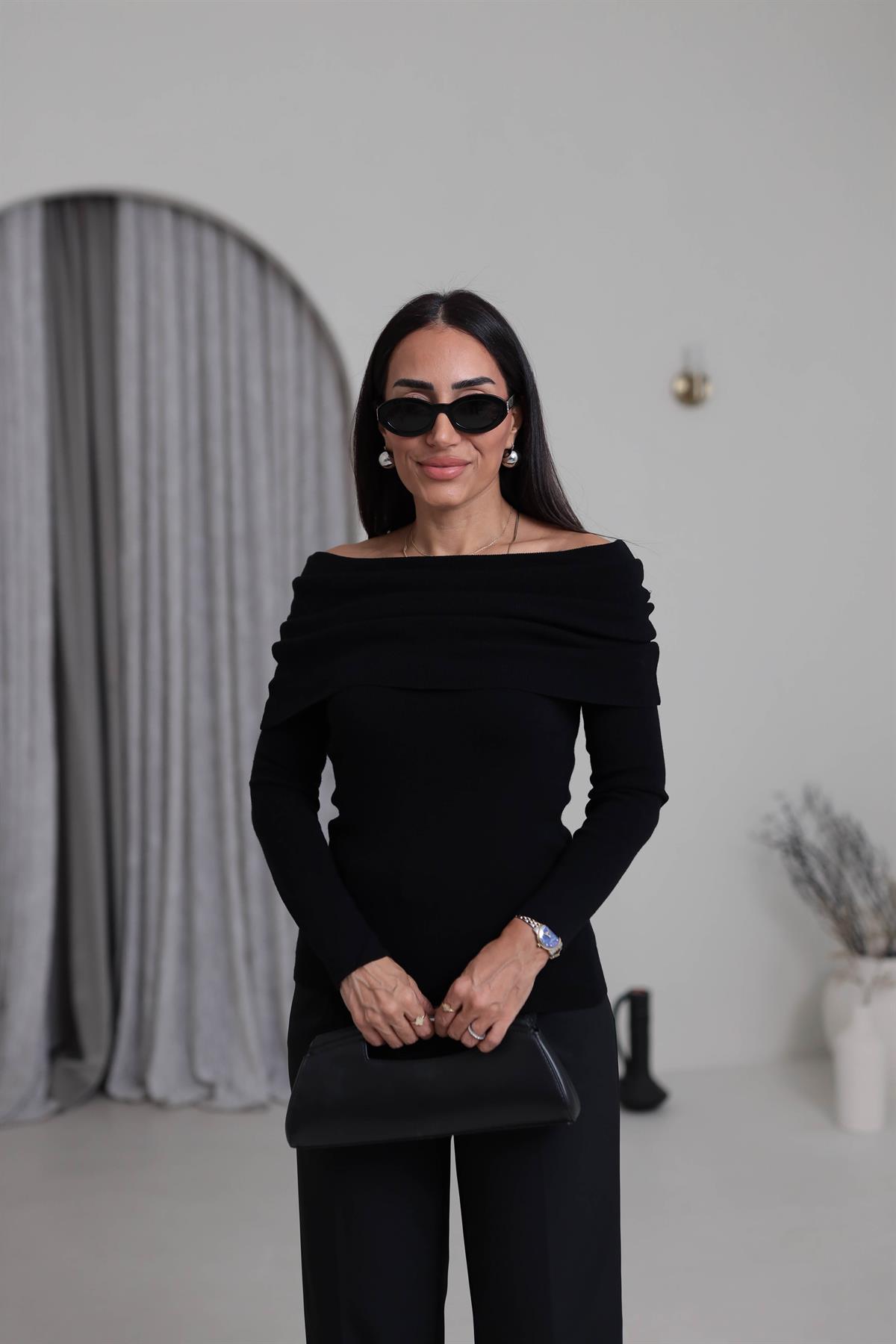 7687 Madonna Yaka Yumuşak Dokulu Triko SİYAH