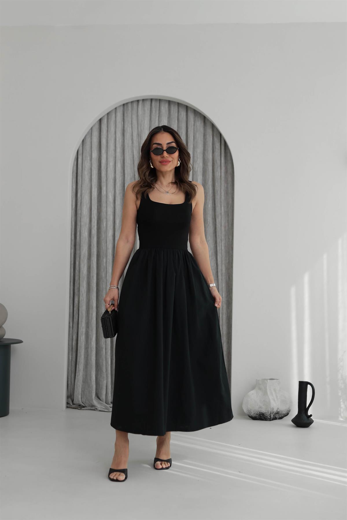 2073 Kare Yaka Askılı Parçalı Poplin Elbise SİYAH