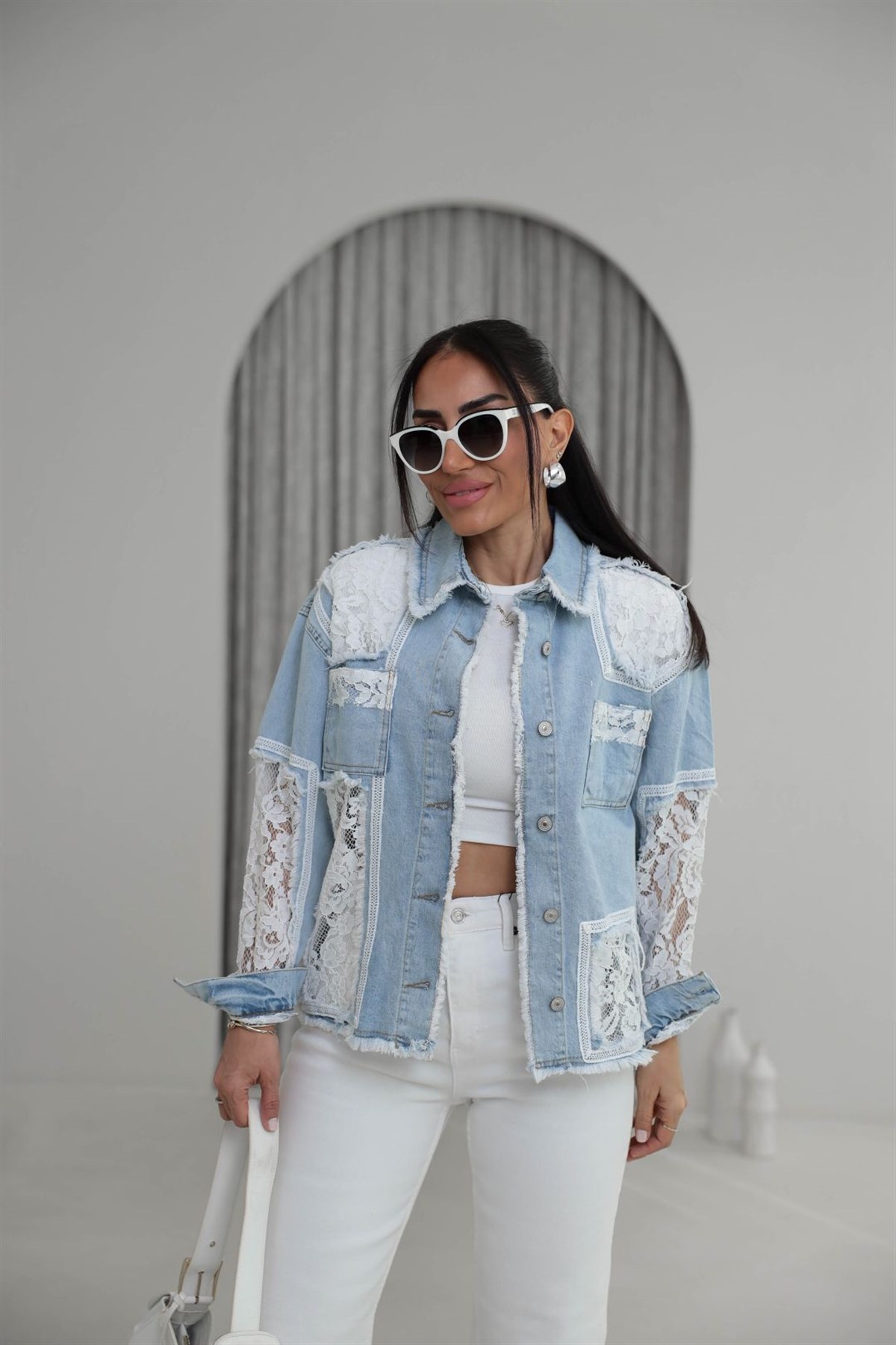 2881 Dantel Garnili Püsküllü Kot Ceket BUZ MAVİ