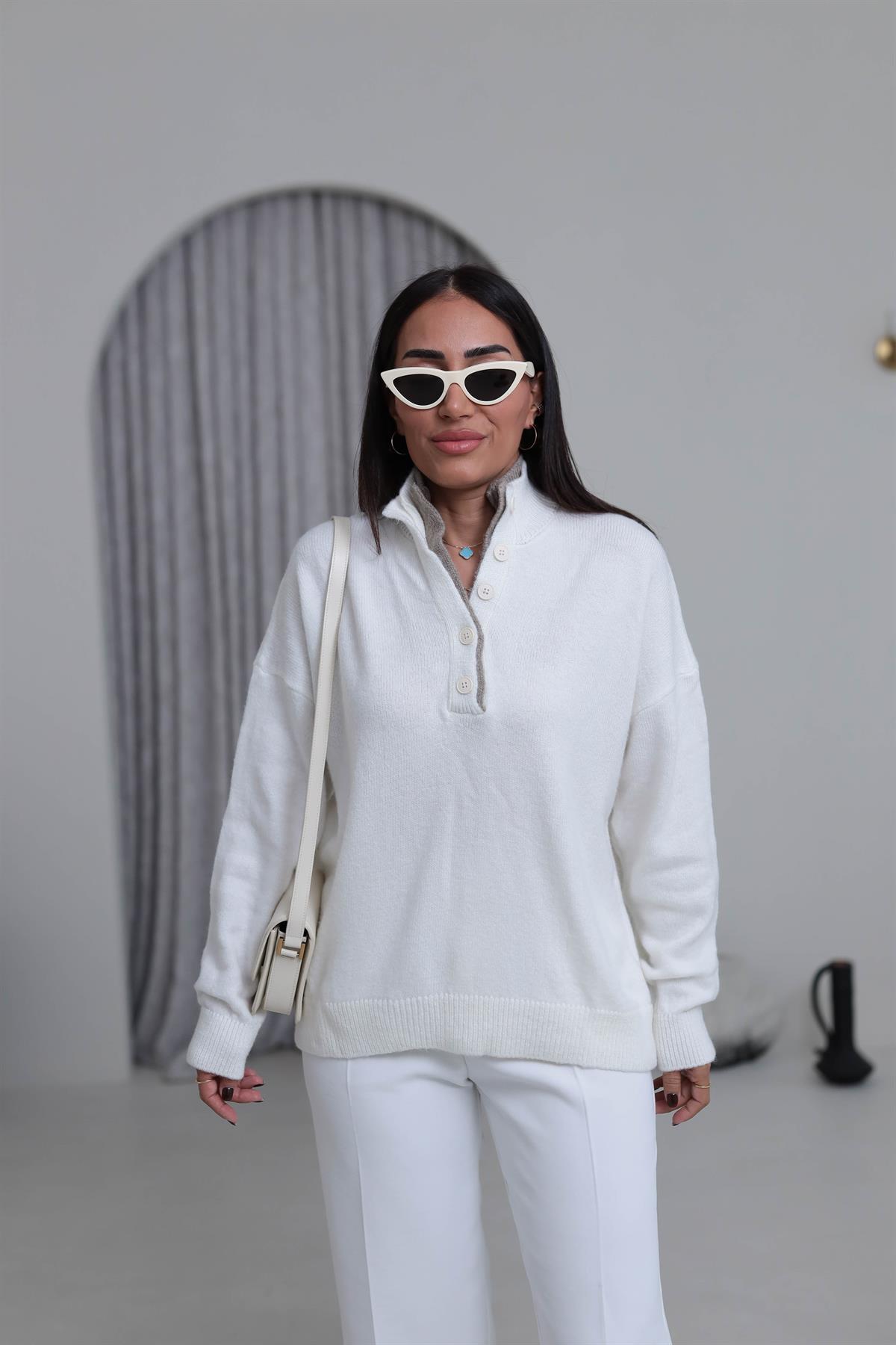 1023 Patlı Düğmeli Kazak EKRU