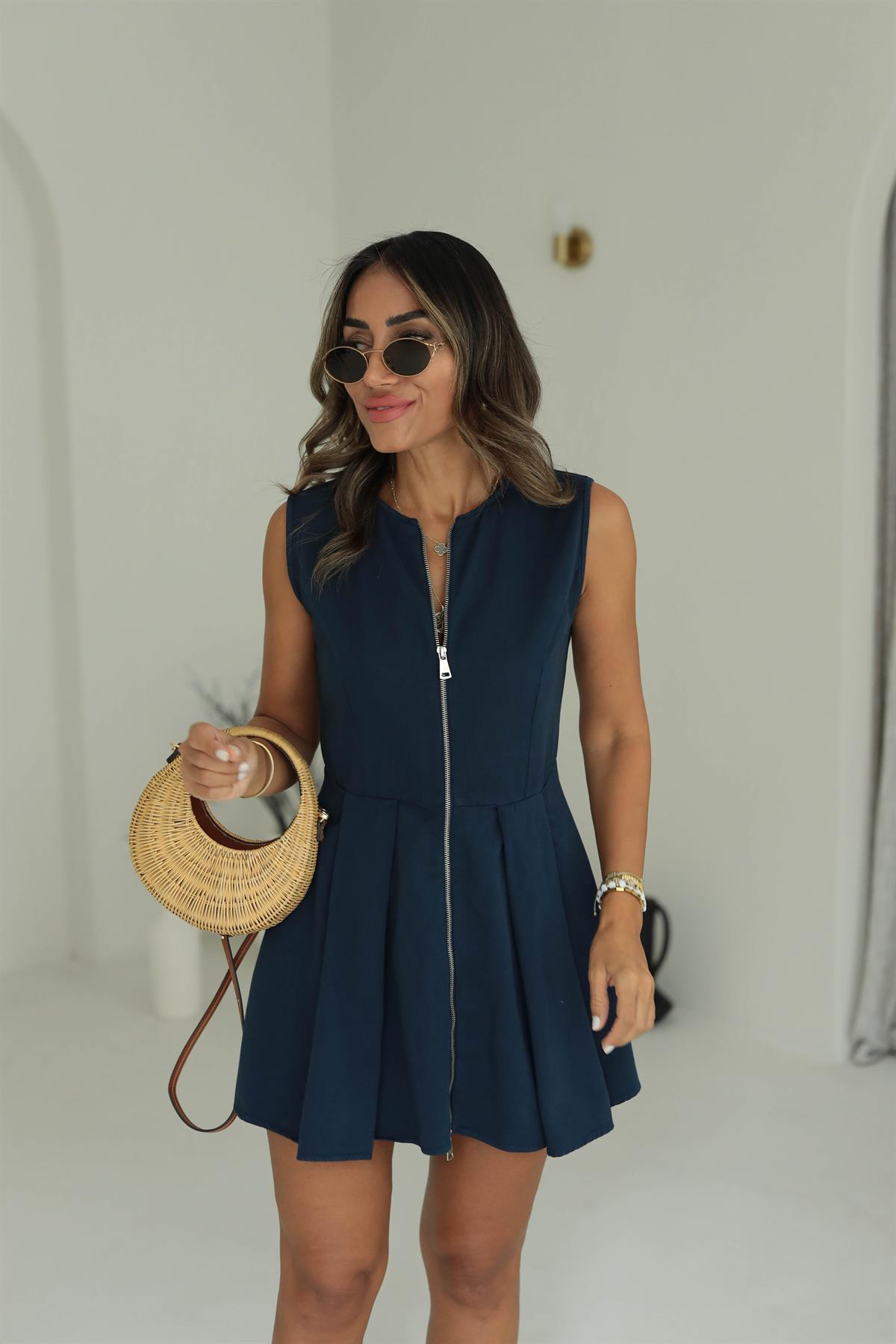 Önü Fermuarlı Gabardin Elbise