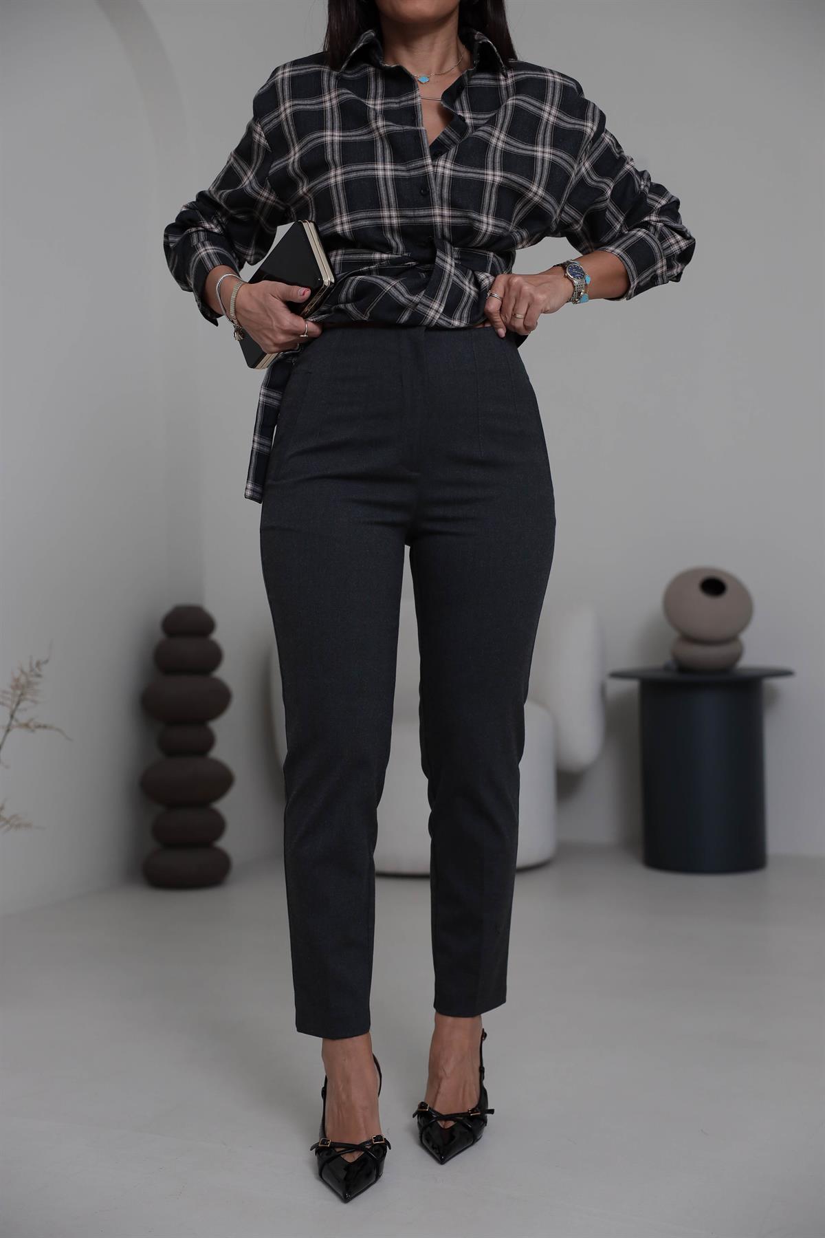 U5113-K Önü Flotalı Kumaş Pantolon KOYU GRİ