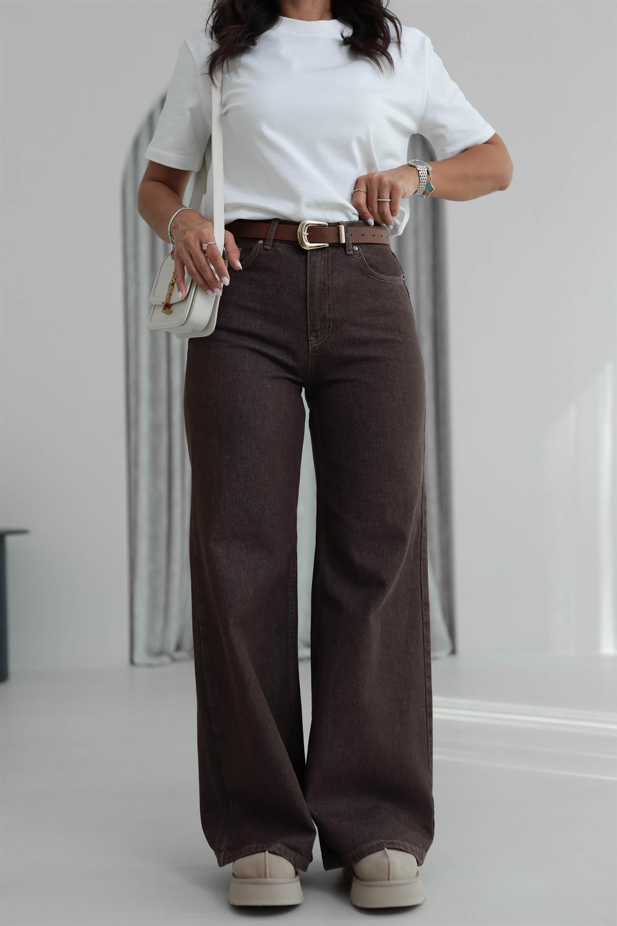 2033 Geniş Kalıp Yüksek Bel Denim Pantolon KAHVE