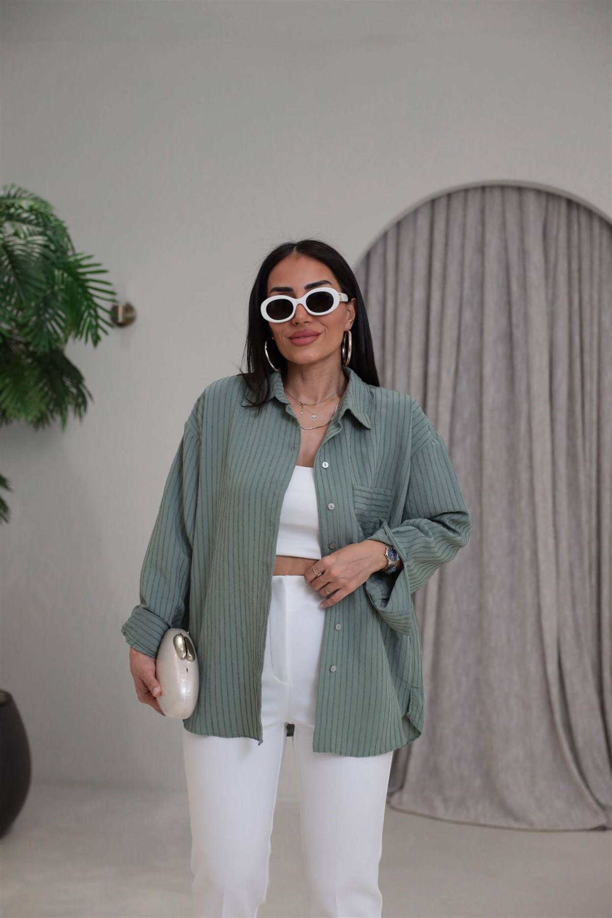 5000 Çizgili Modal Dokulu Oversize Gömlek ÇAĞLAYEŞİL