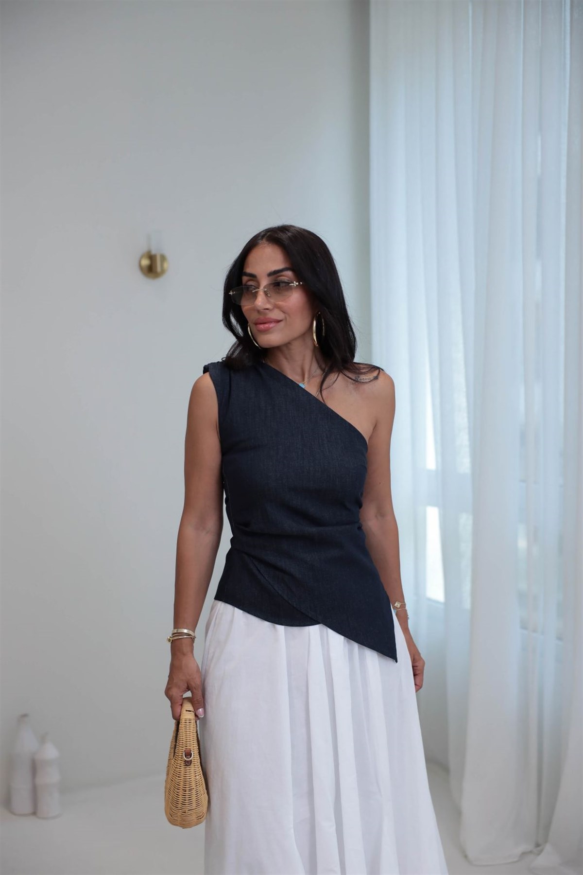 3281 Tek Omuz Asimetrik Kot Bluz LACİVERT
