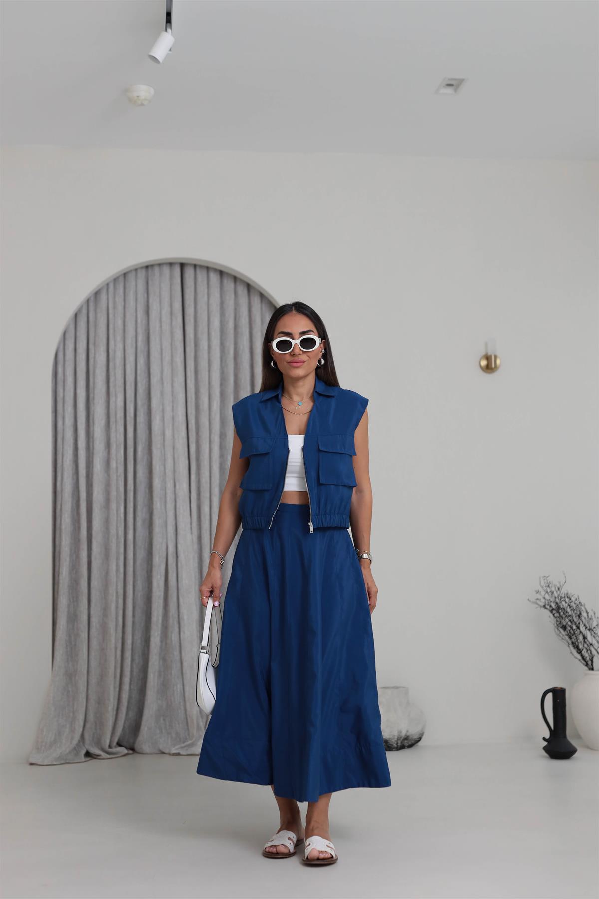 6147 Fermuar Detaylı Cepli Etek Yelek Takım LACİVERT