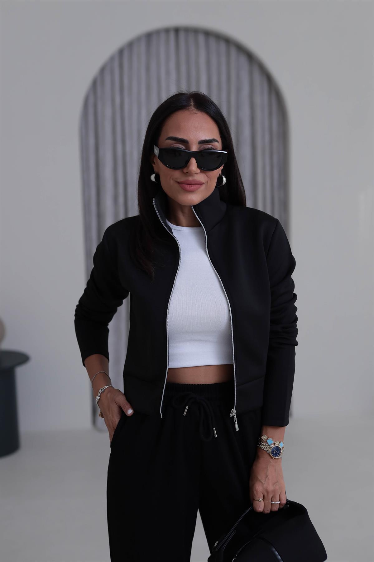 7013K Fermuarlı Scuba Kısa Ceket SİYAH