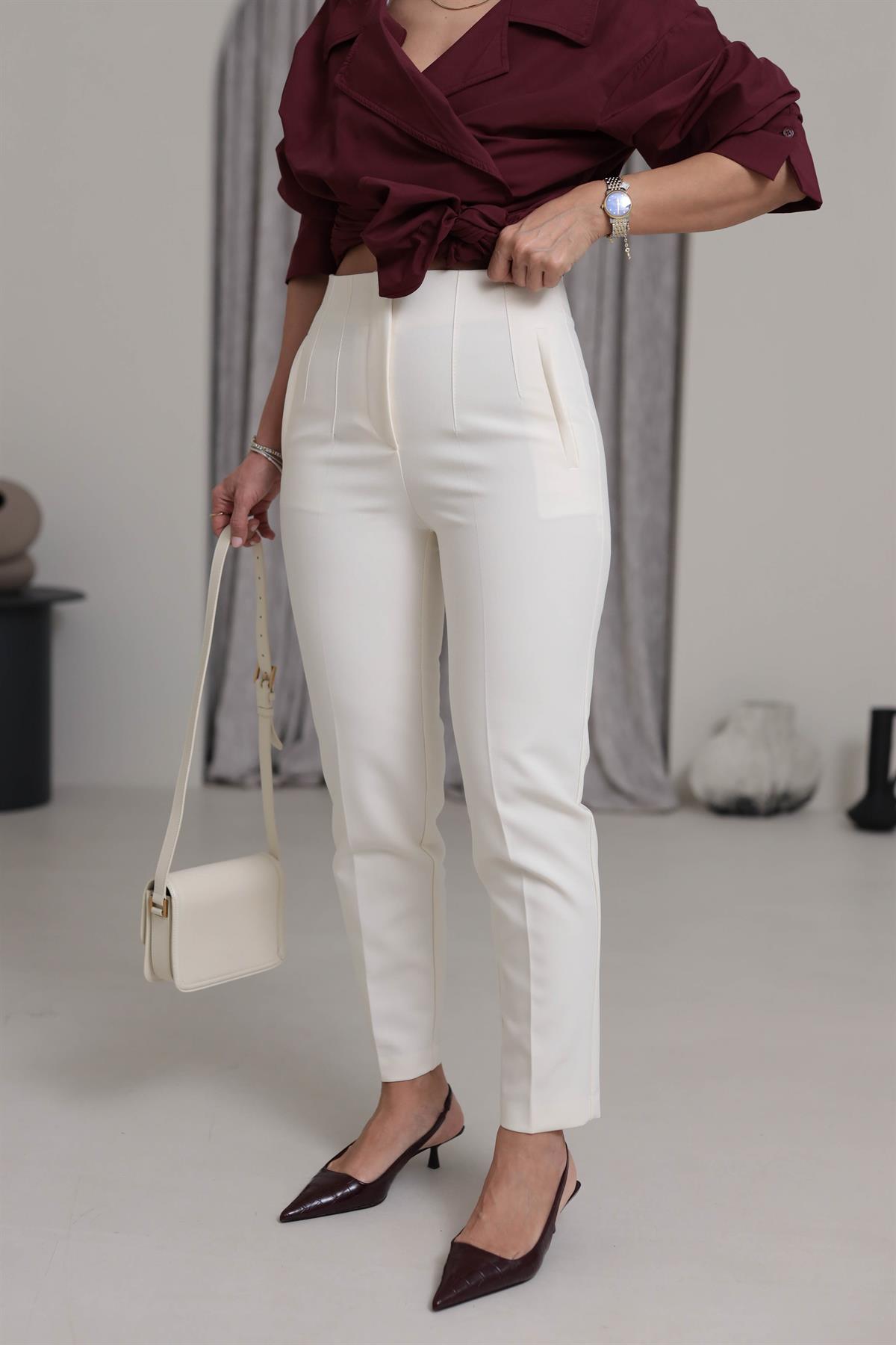 U5113-K Önü Flotalı Kumaş Pantolon KREM